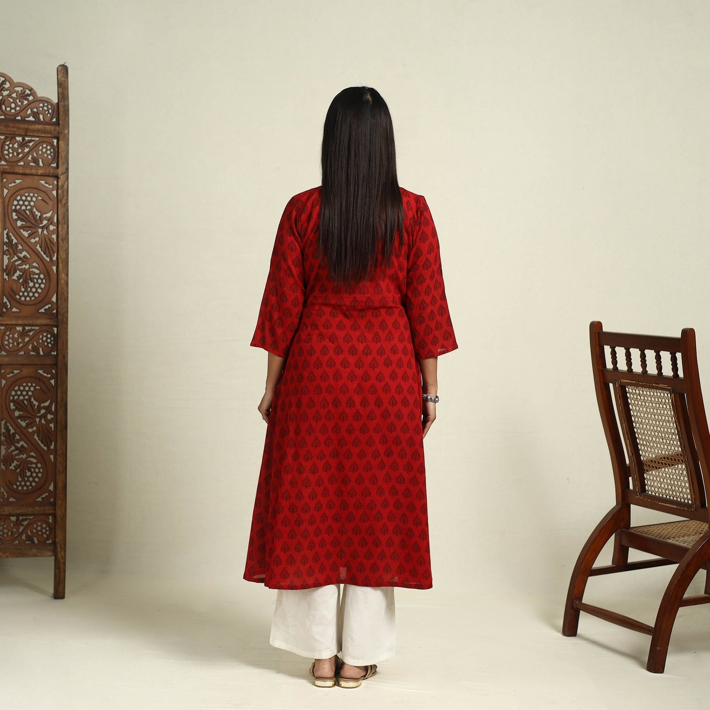 Red Block Print Mul Cotton A-Line Bagh Kurta for Women