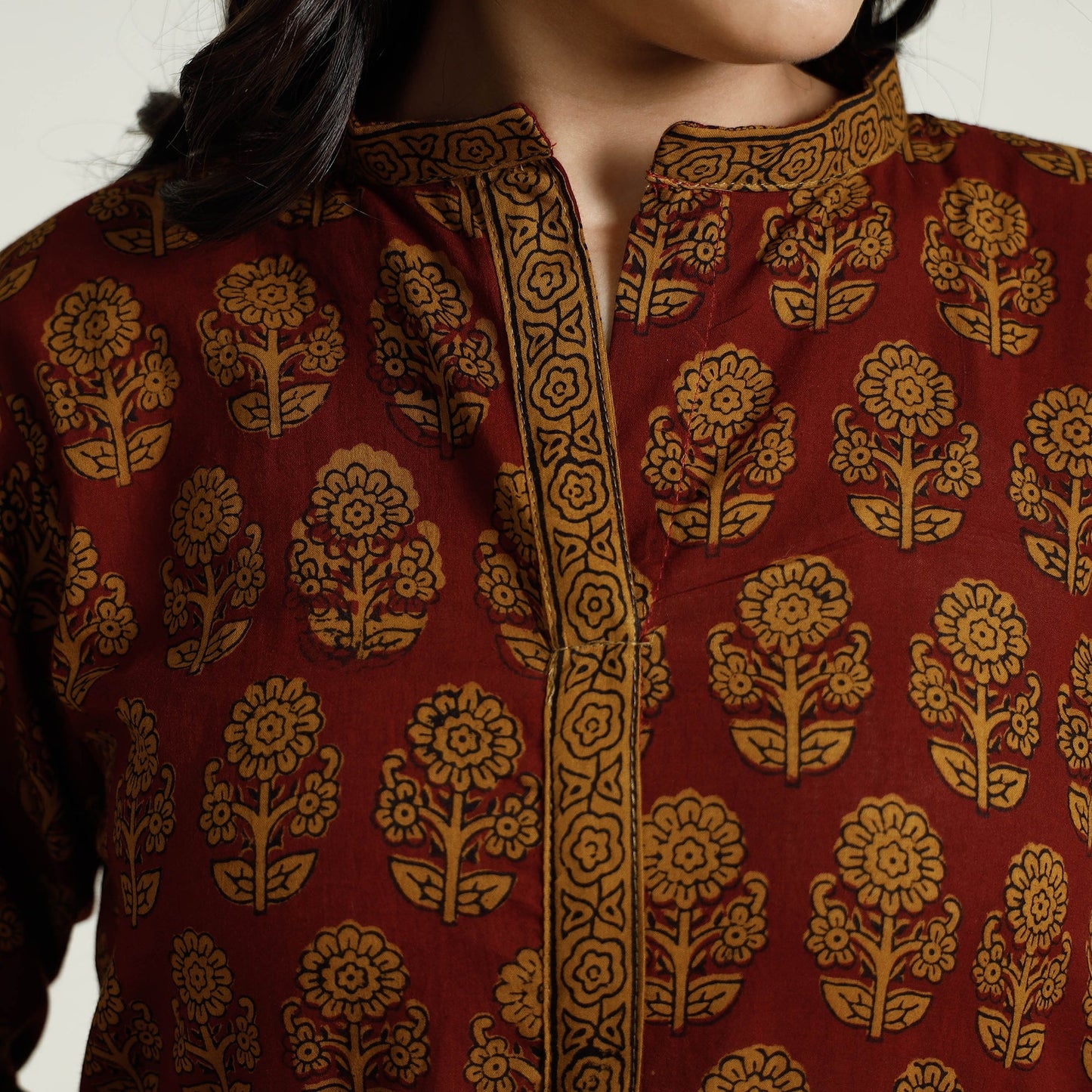 Red Block Print Mul Cotton A-Line Bagh Kurta For Women