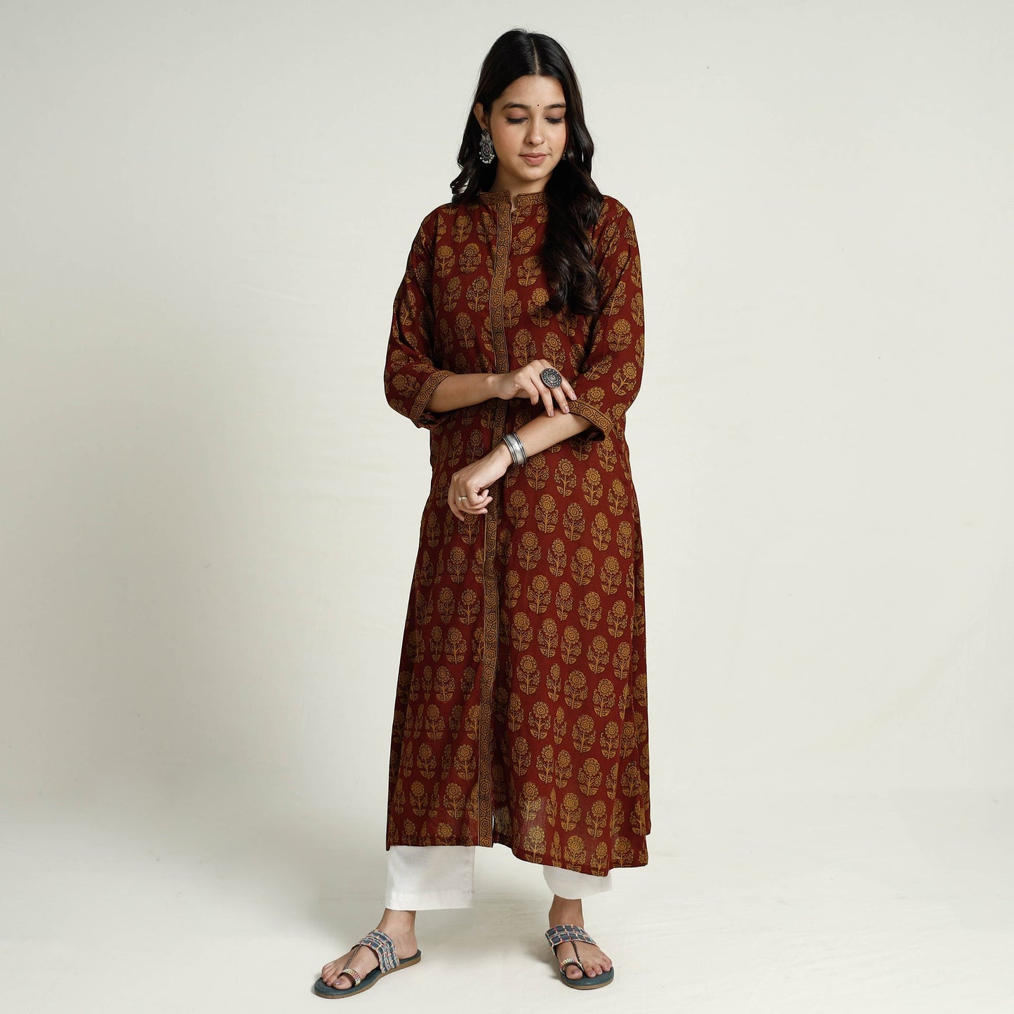 Red Block Print Mul Cotton A-Line Bagh Kurta For Women