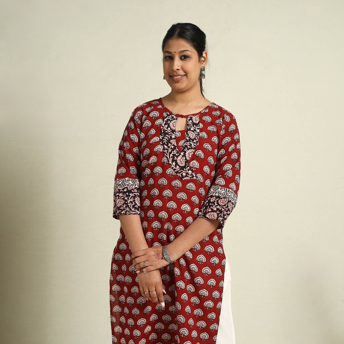 Red Block Print Mul Cotton Straight Bagh Kurta for Women