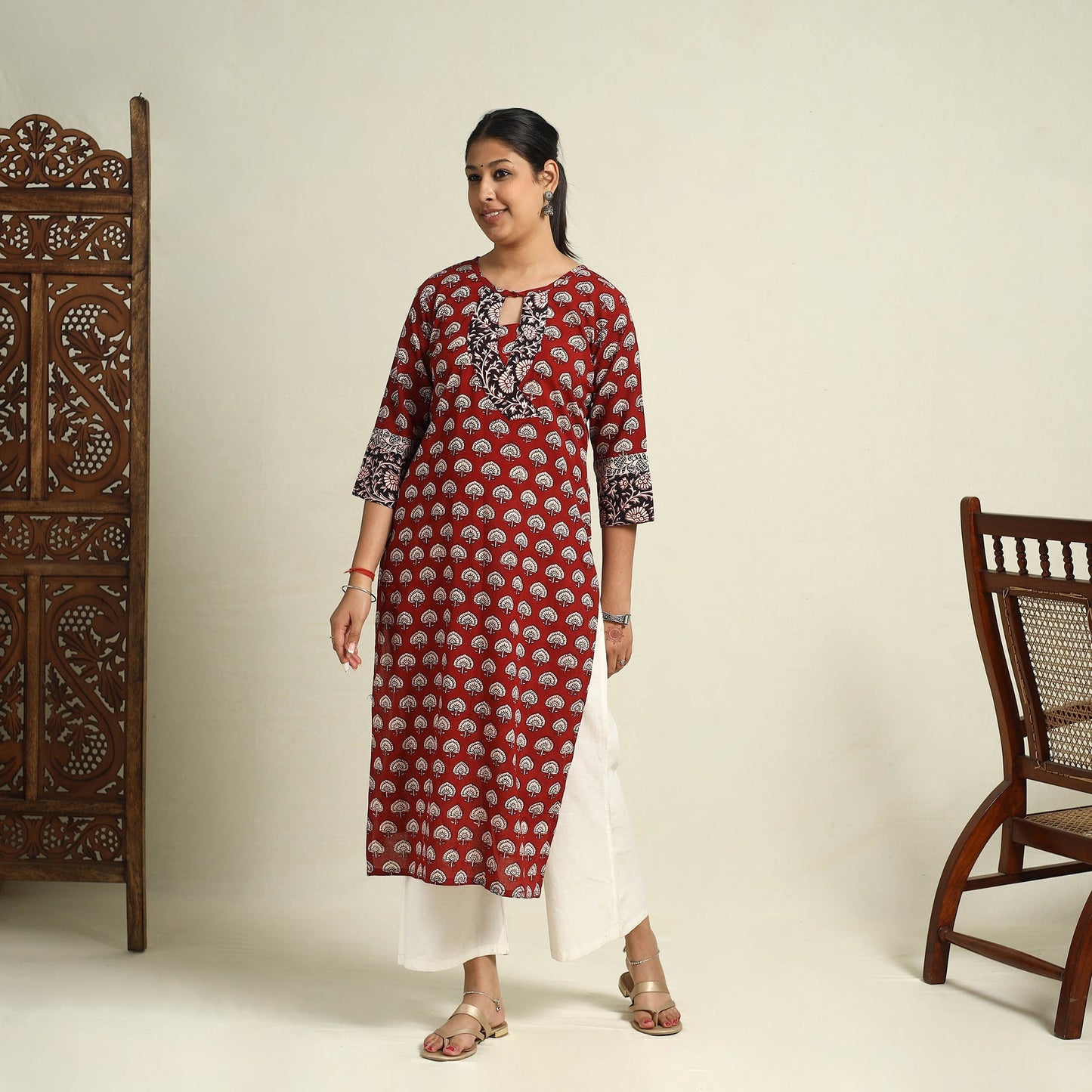 Red Block Print Mul Cotton Straight Bagh Kurta for Women