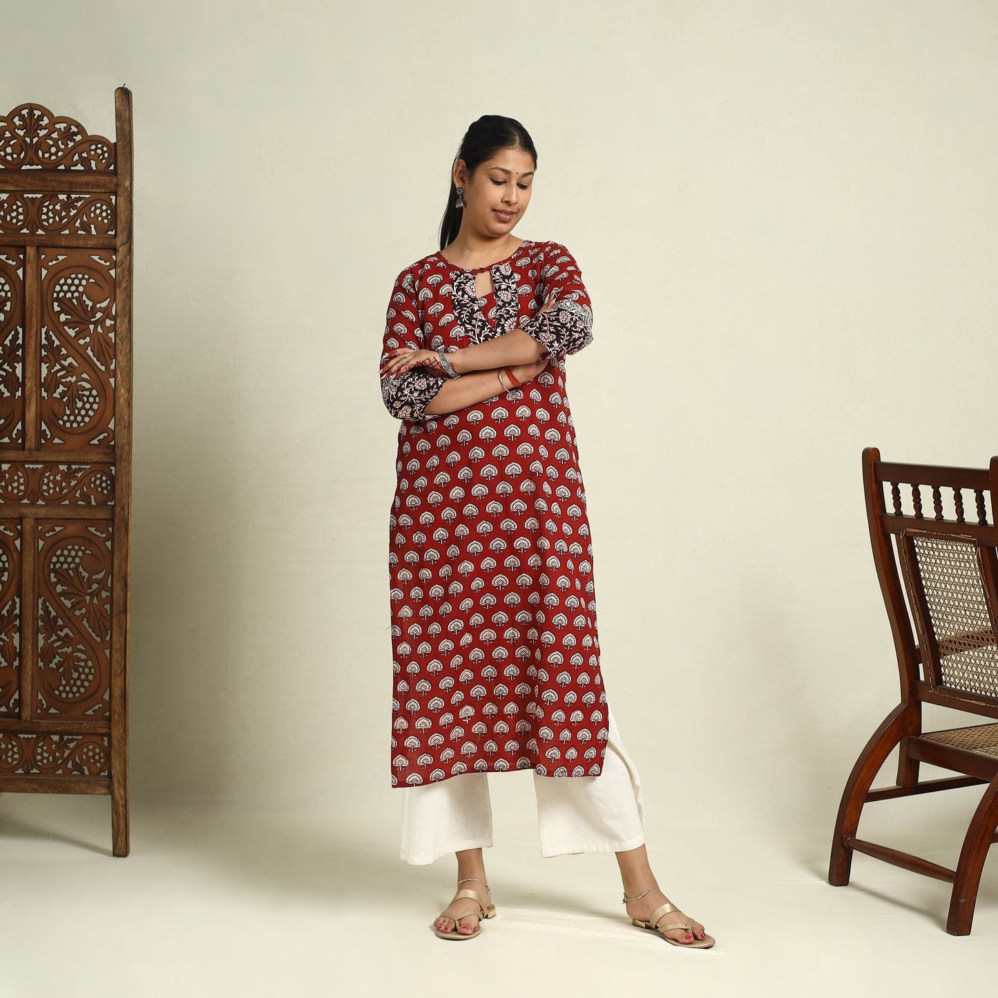 Red Block Print Mul Cotton Straight Bagh Kurta for Women