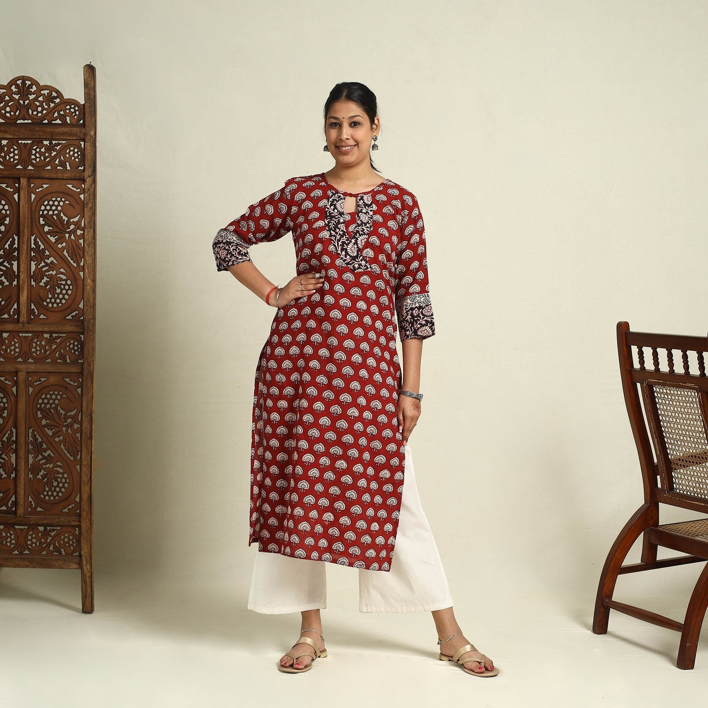 Red Block Print Mul Cotton Straight Bagh Kurta for Women