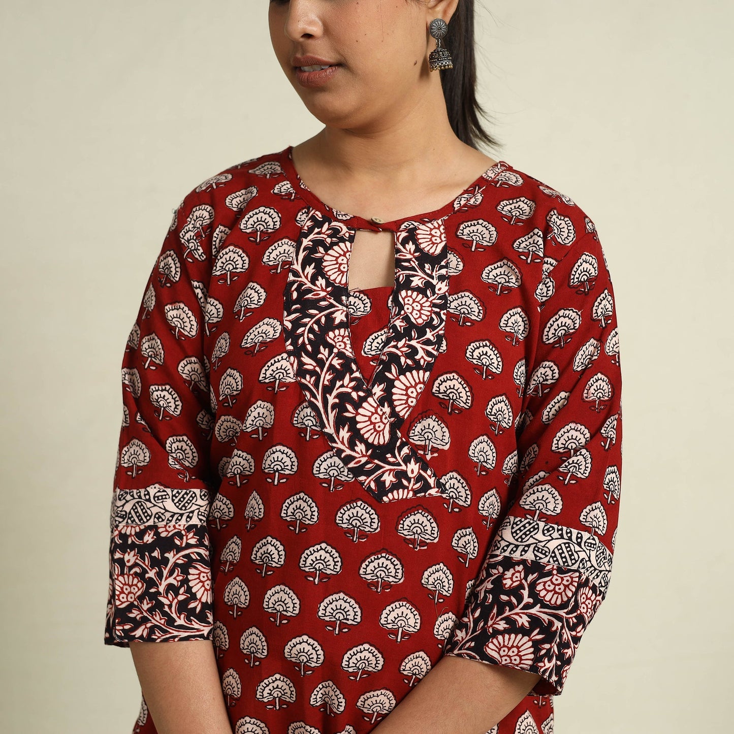 Red Block Print Mul Cotton Straight Bagh Kurta for Women
