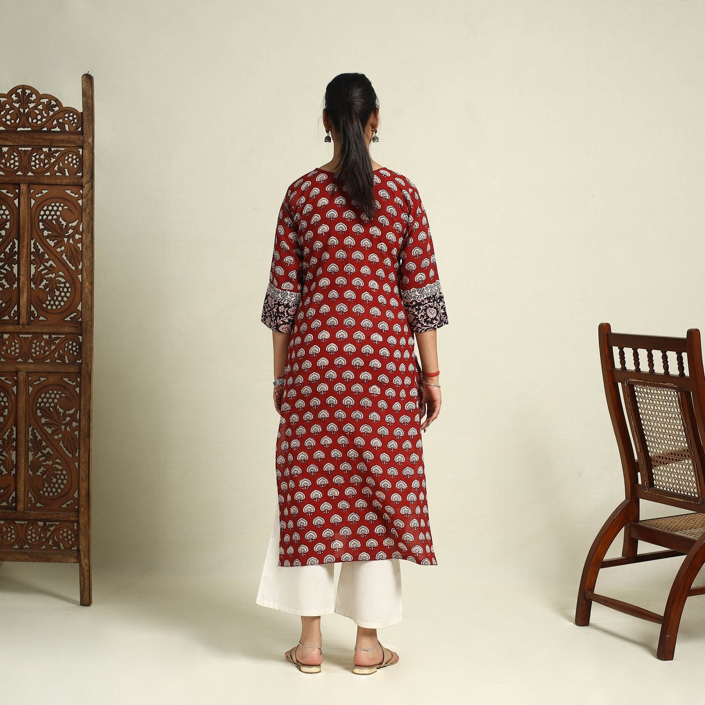 Red Block Print Mul Cotton Straight Bagh Kurta for Women