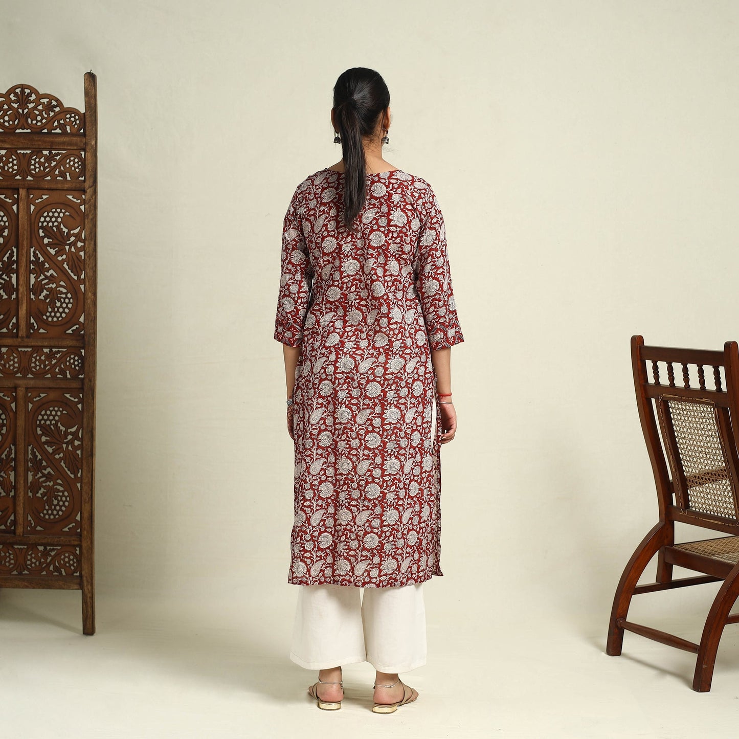 Red Block Print Mul Cotton Straight Bagh Kurta for Women