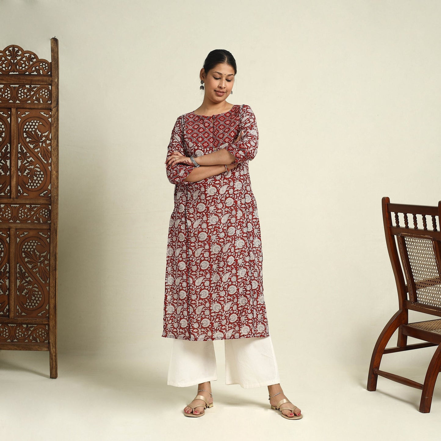 Red Block Print Mul Cotton Straight Bagh Kurta for Women