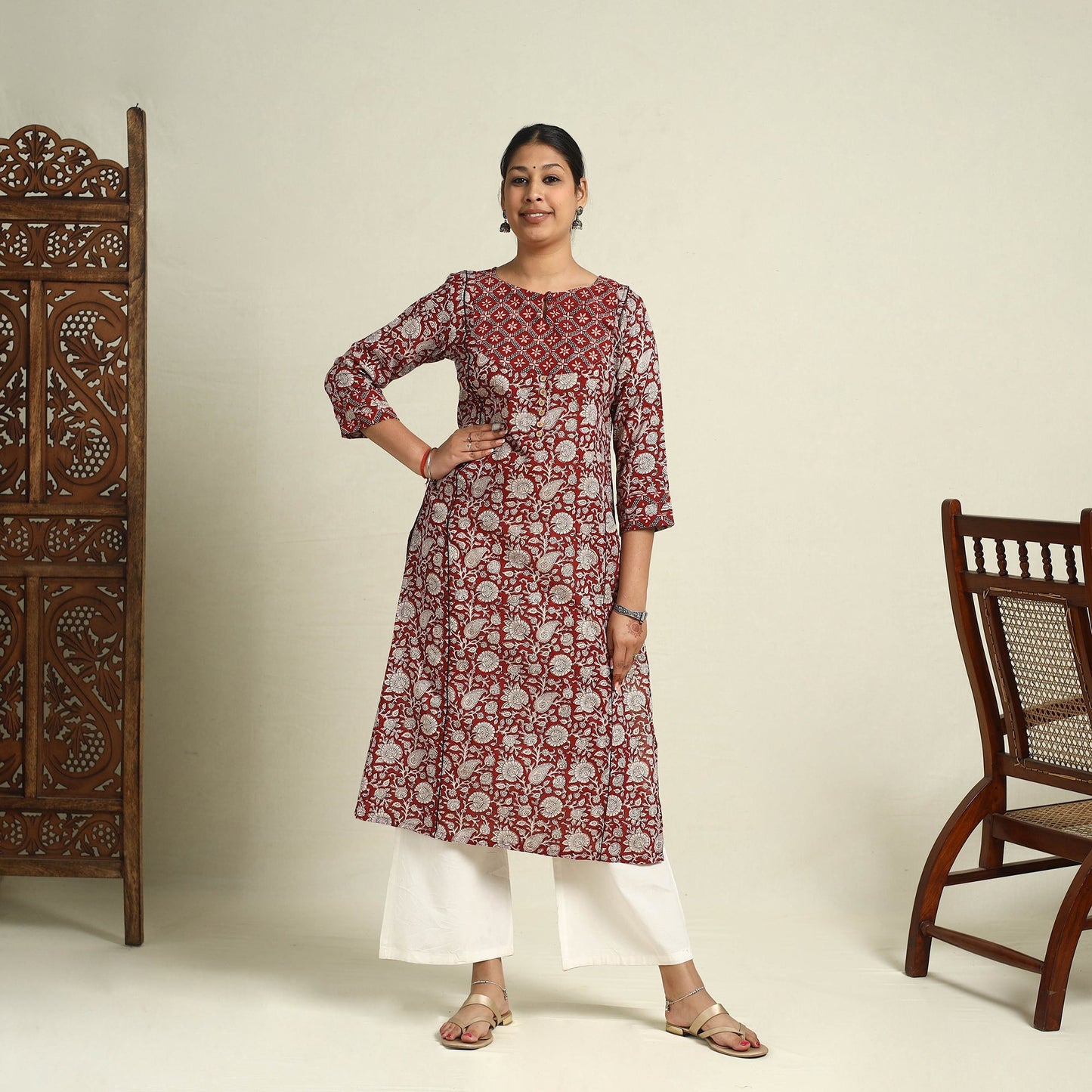 Red Block Print Mul Cotton Straight Bagh Kurta for Women