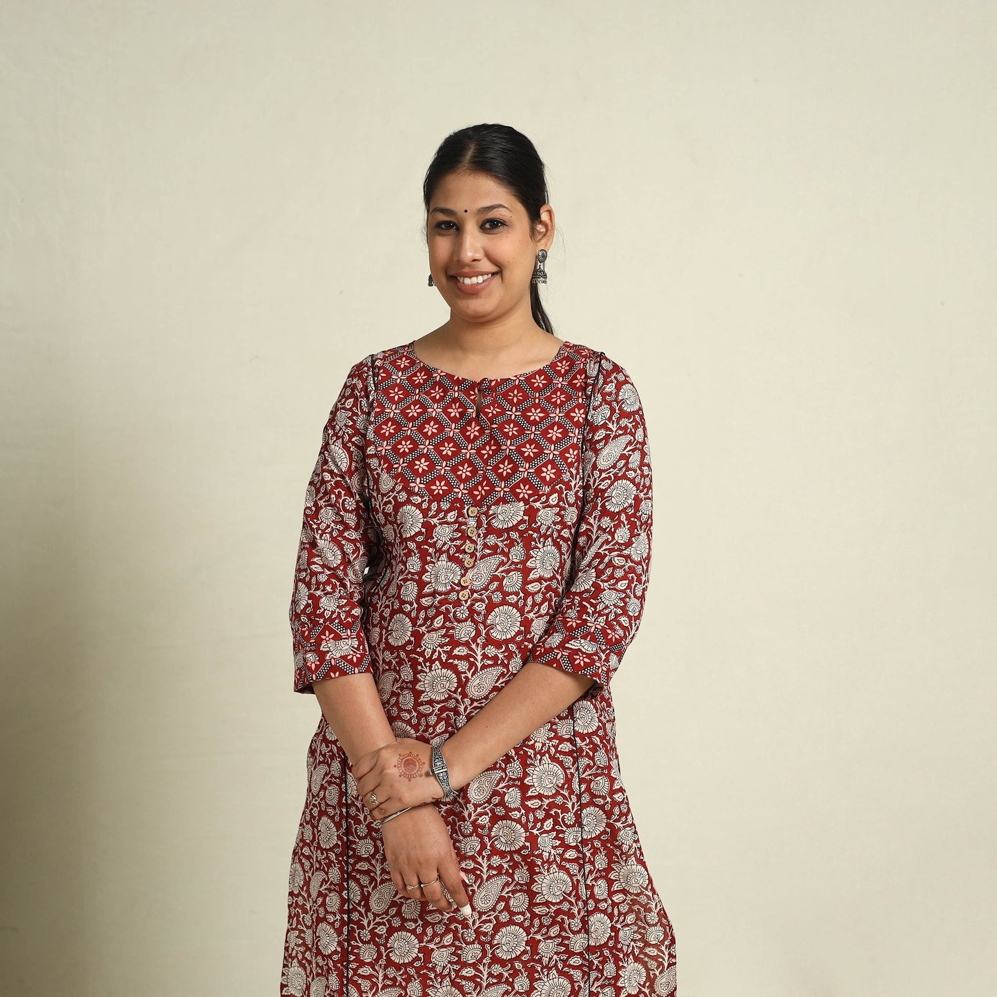 Red Block Print Mul Cotton Straight Bagh Kurta for Women