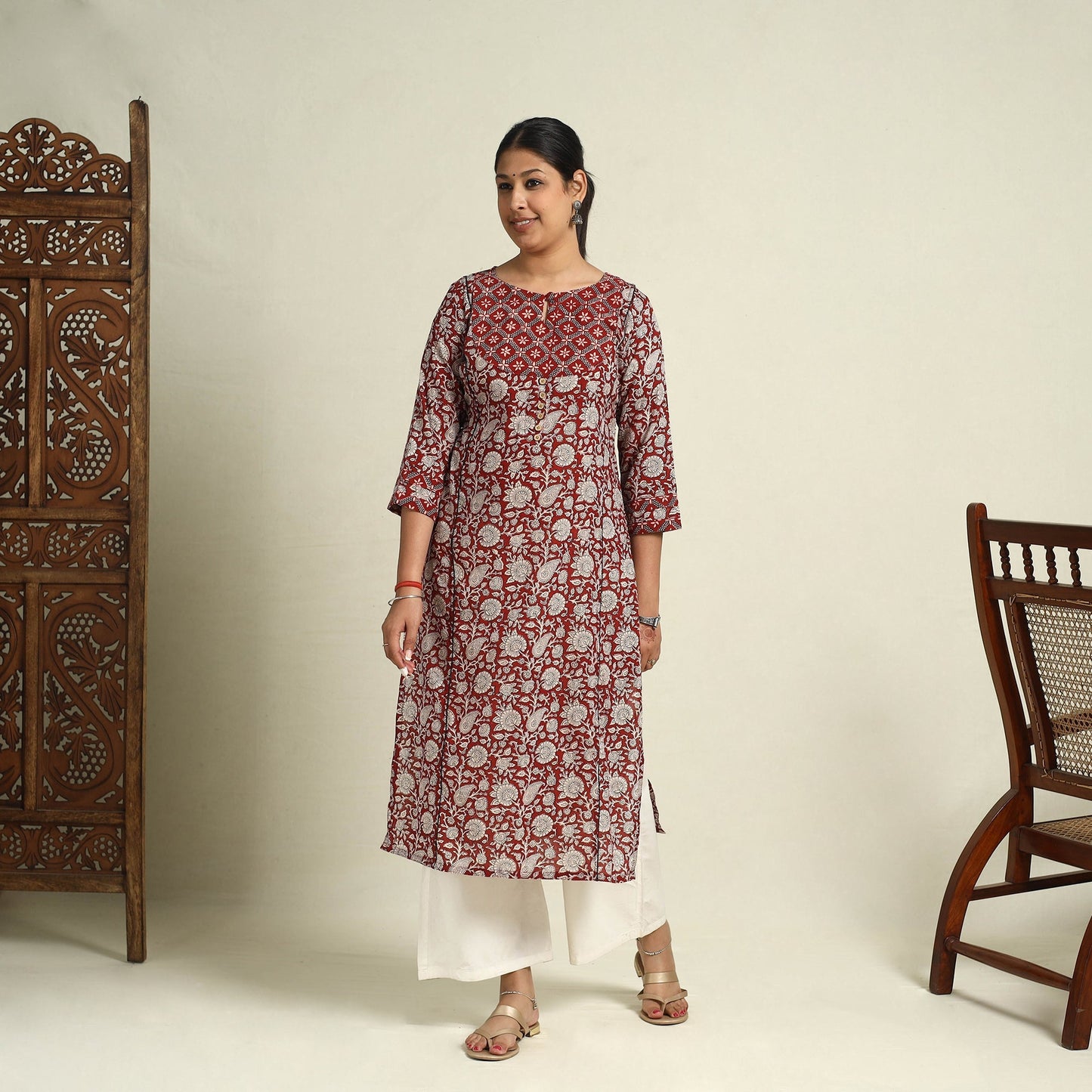 Red Block Print Mul Cotton Straight Bagh Kurta for Women