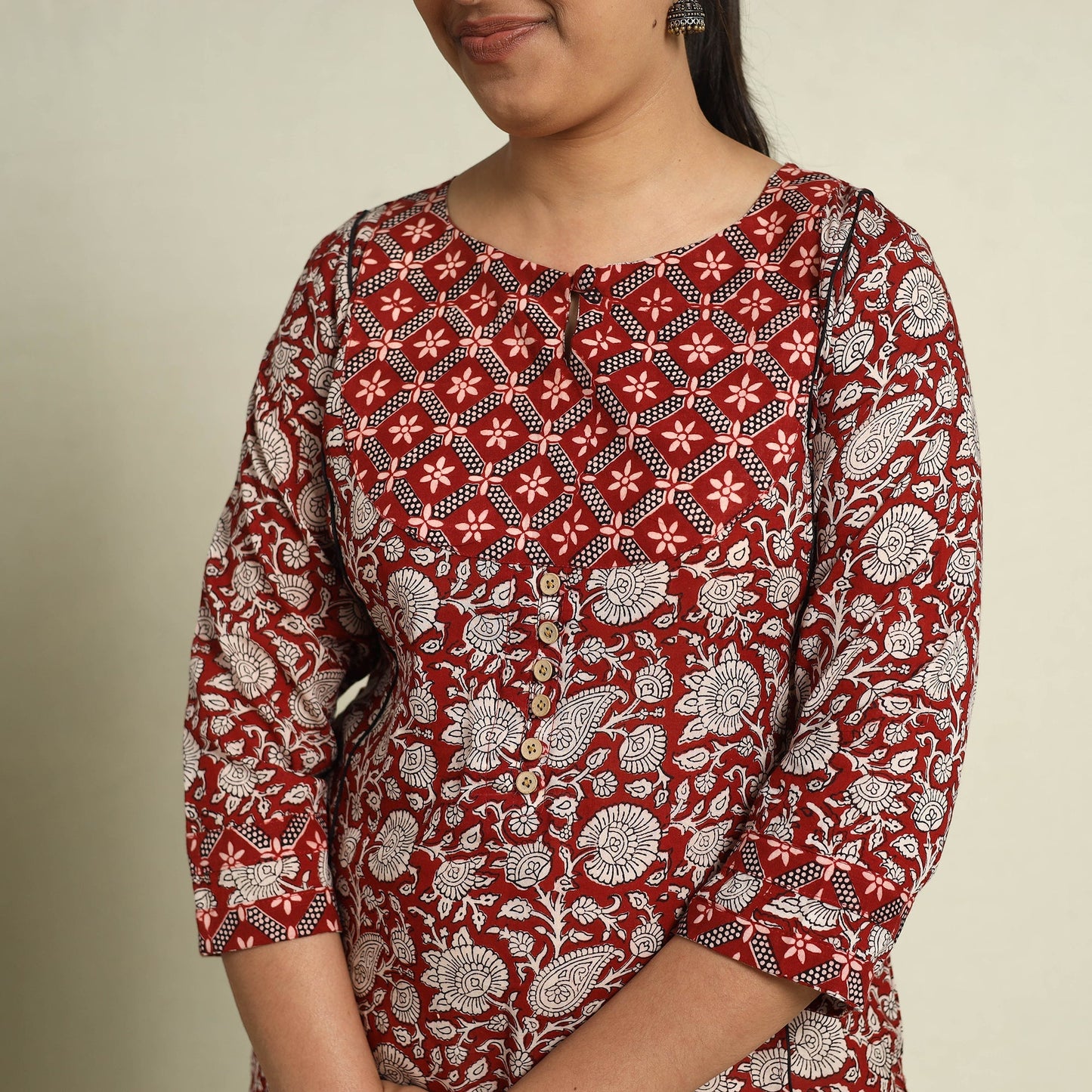 Red Block Print Mul Cotton Straight Bagh Kurta for Women
