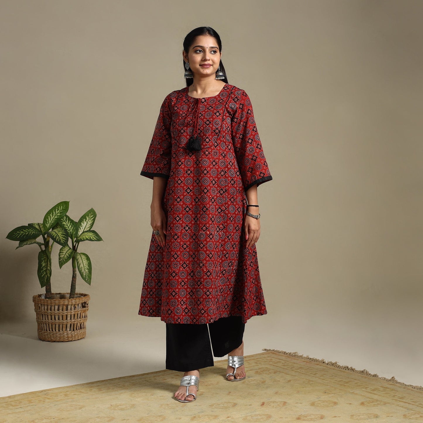Red Block Print Natural Dyed Cotton A-Line Ajrakh Kurta