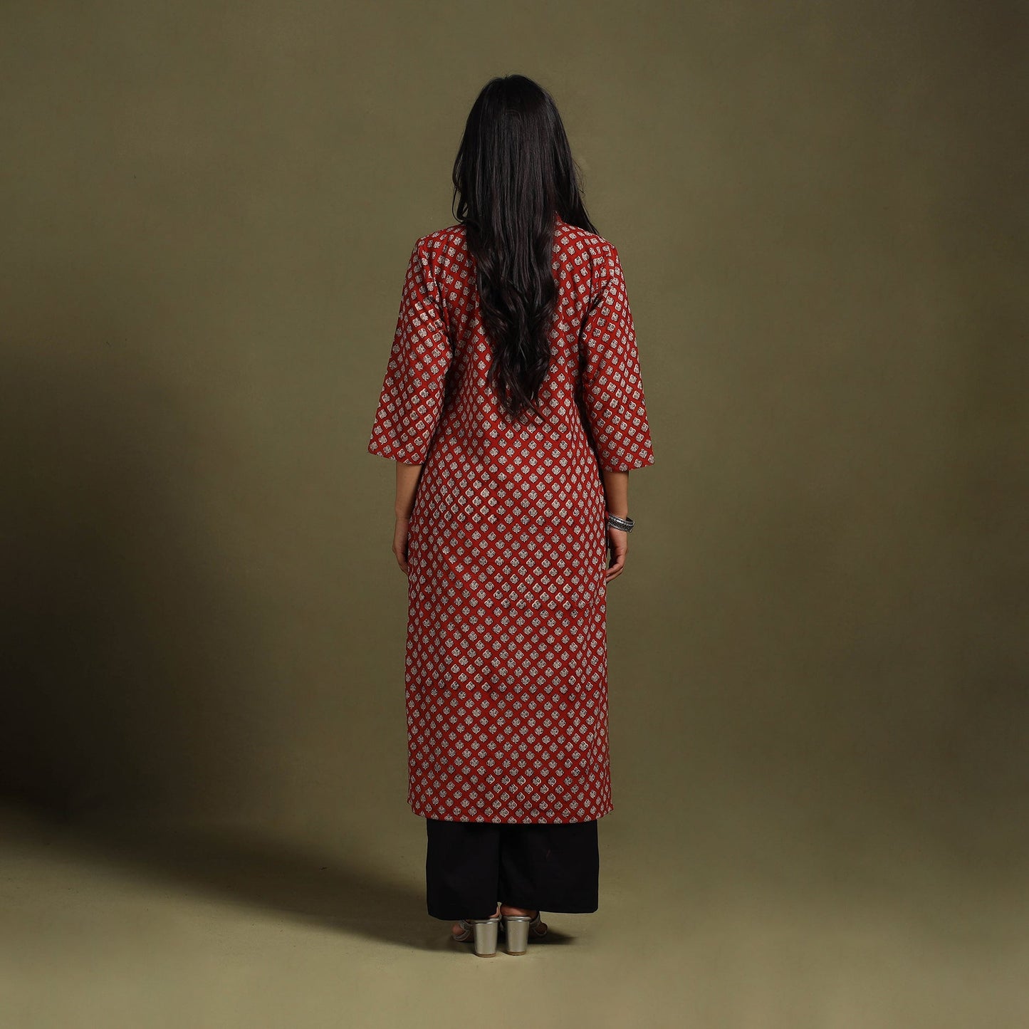 Red Block Print Natural Dyed Cotton Straight Bagru Kurta
