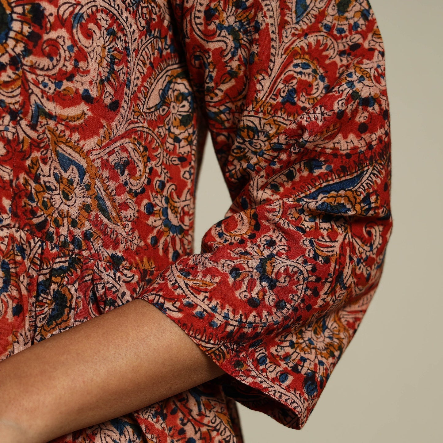 Red Block Print Natural Dyed Cotton Tiered Kalamkari Dress