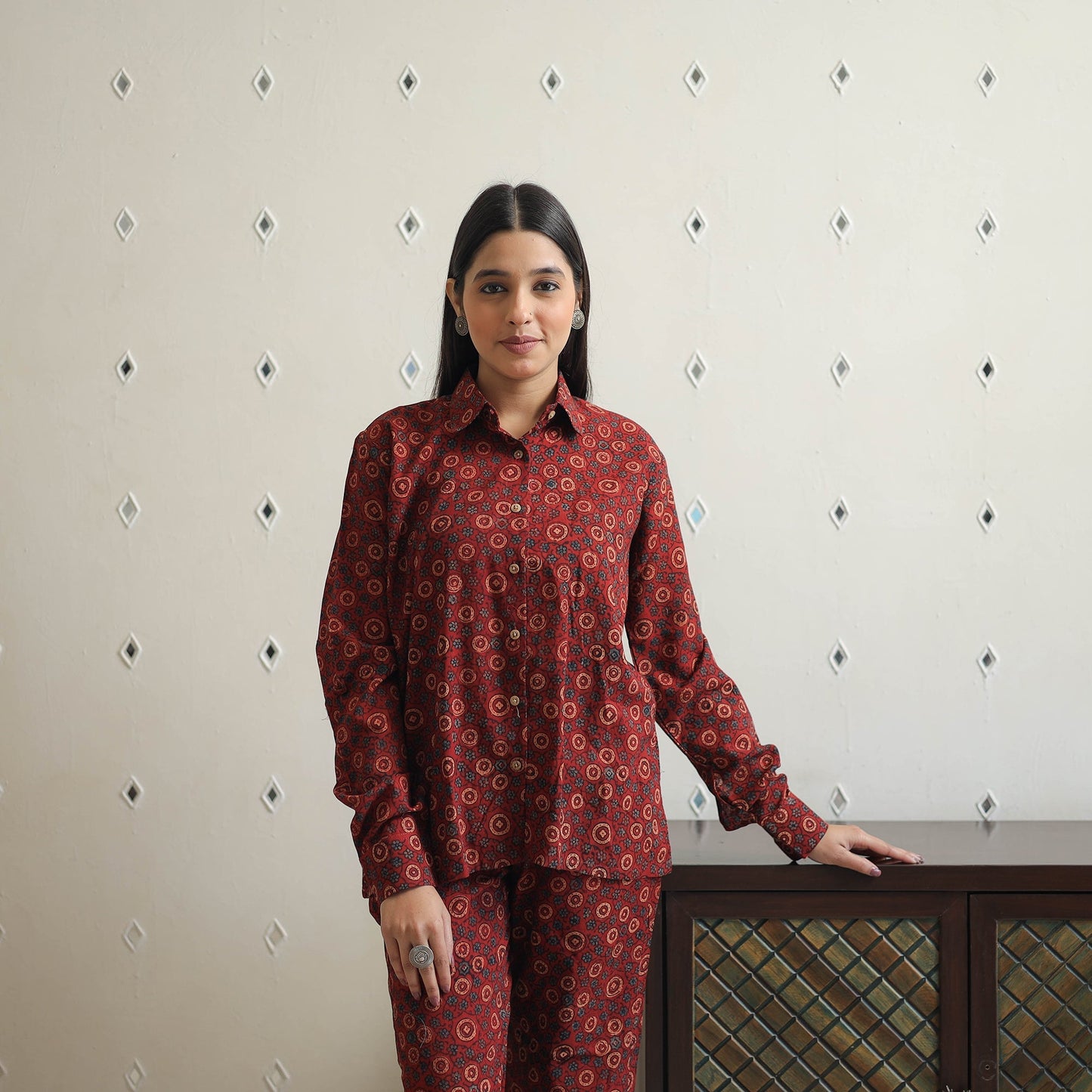 Red - printed cotton co-ord set 06 - handcrafted