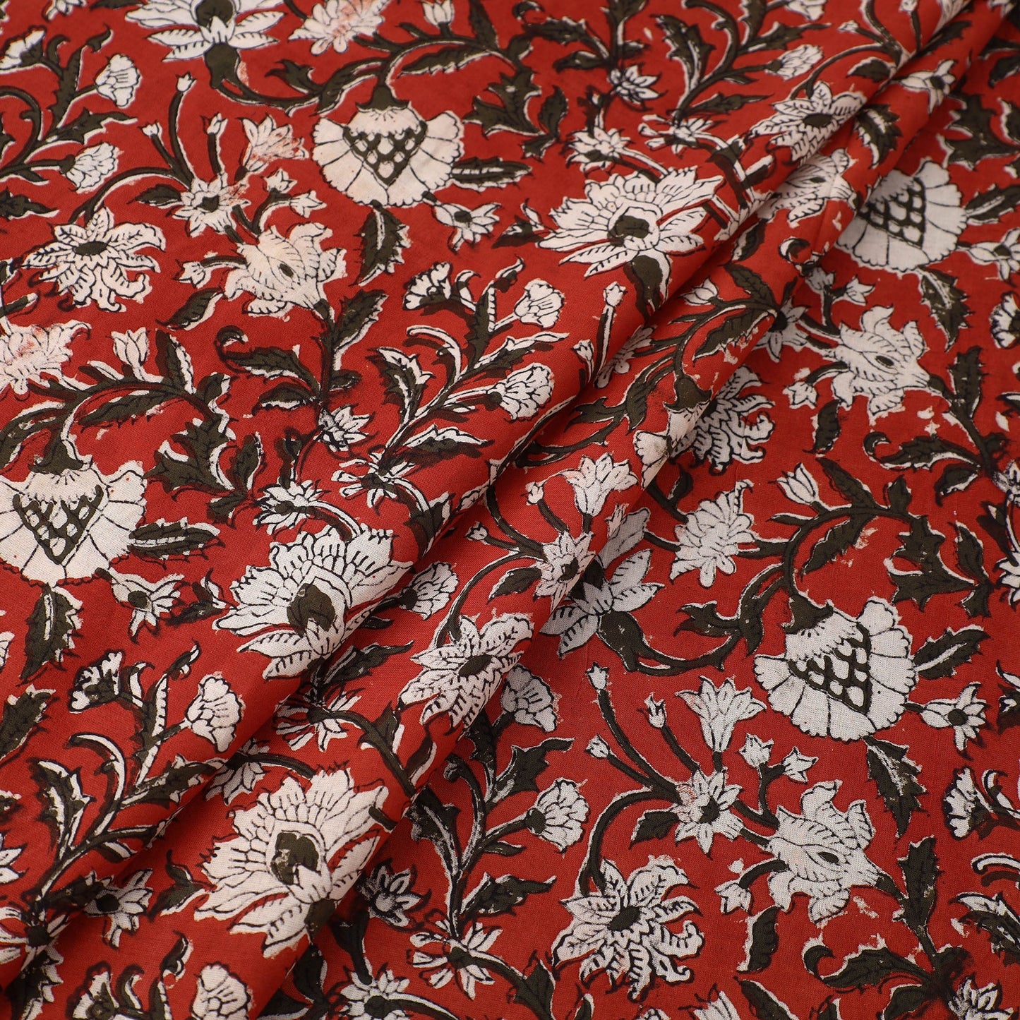 Red Block Printed Cotton Bagru Kalamkari Fabric