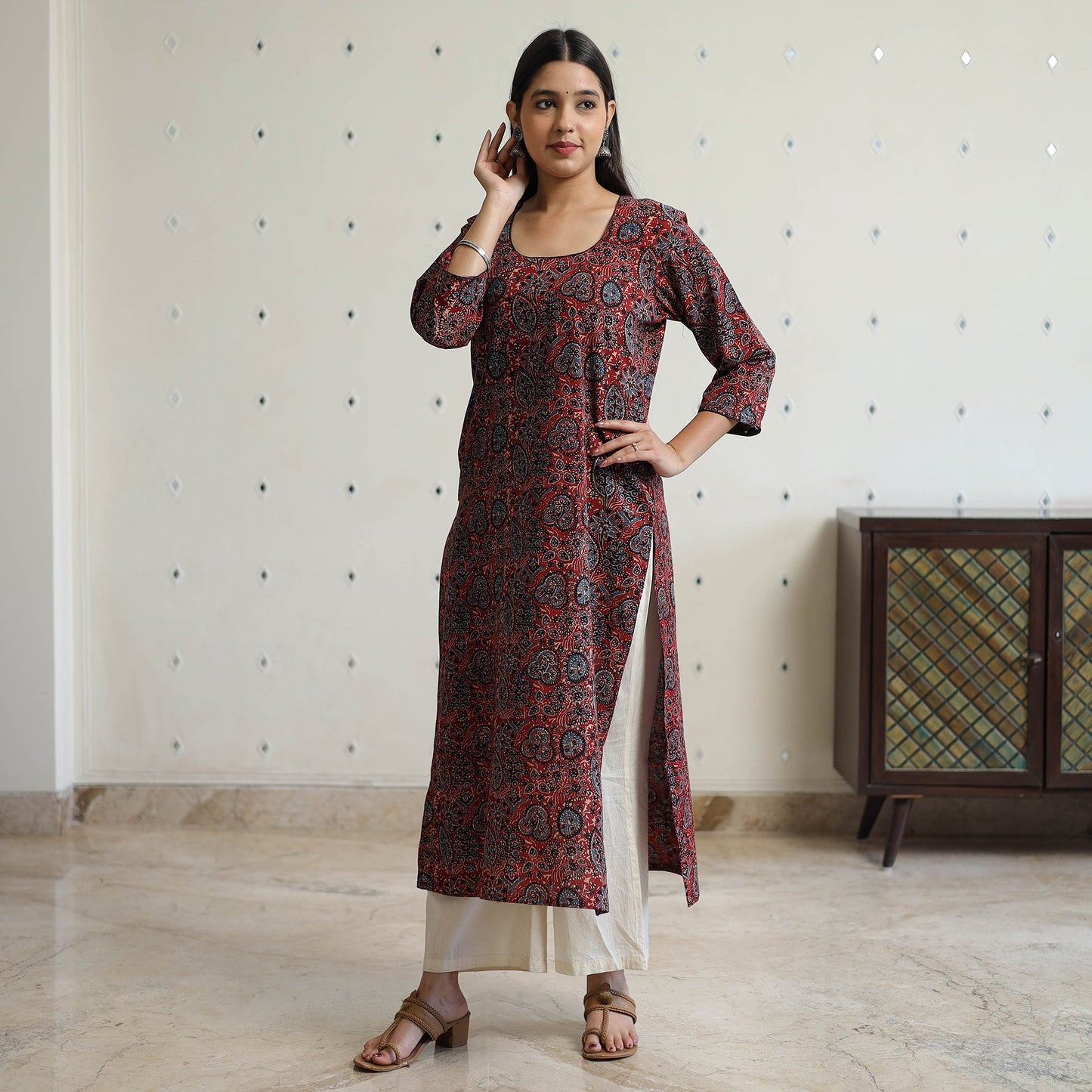 Block Printed Cotton Straight Ajrakh Kurta for Women