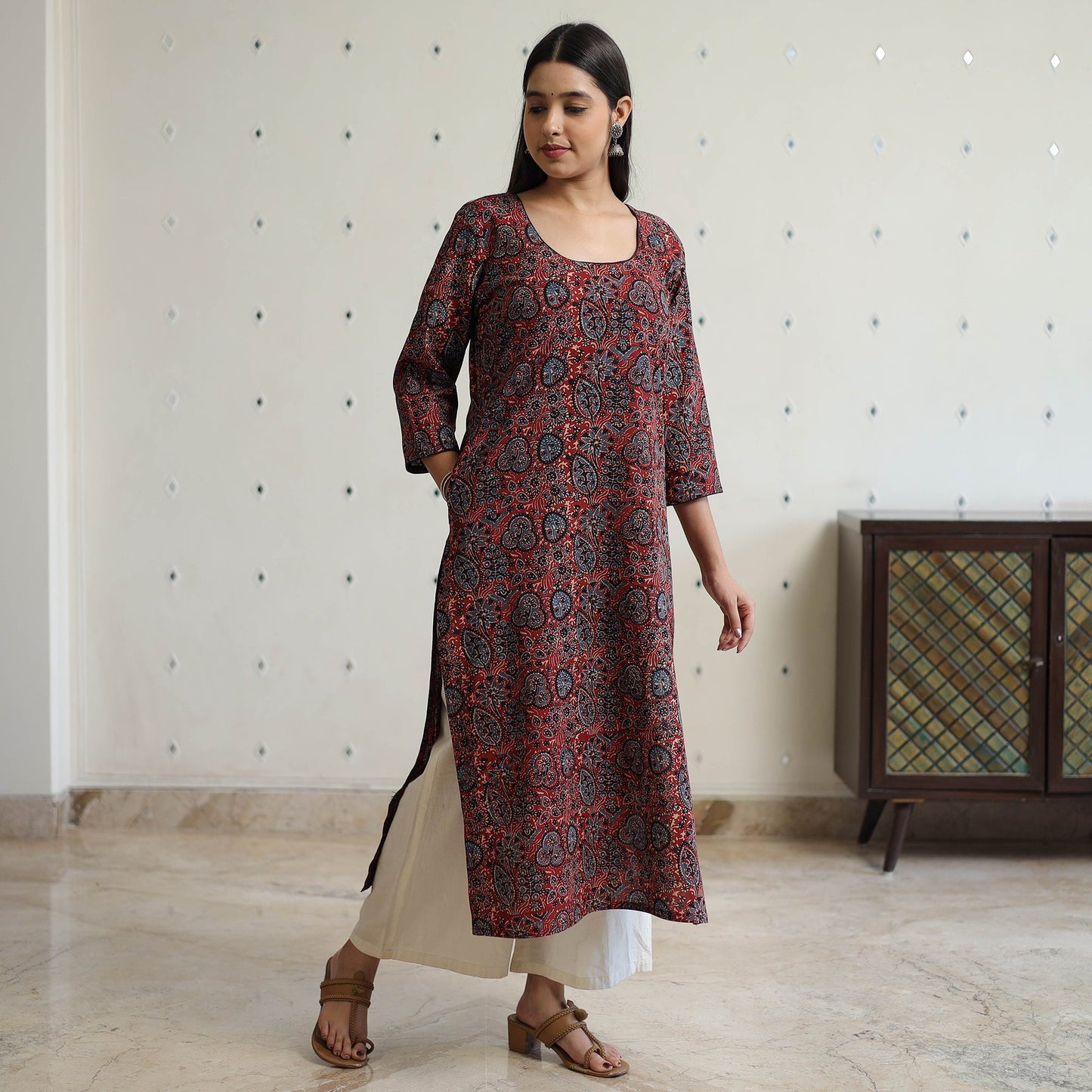 Block Printed Cotton Straight Ajrakh Kurta for Women