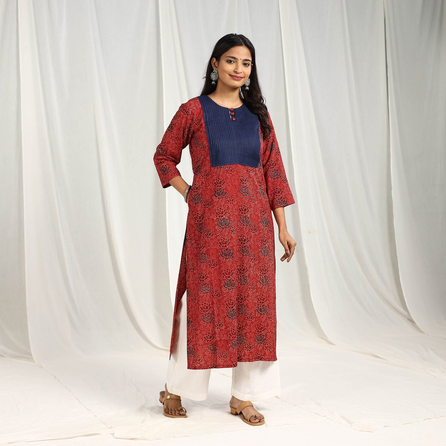 Red Block Printed Cotton Straight Ajrakh Kurta for Women