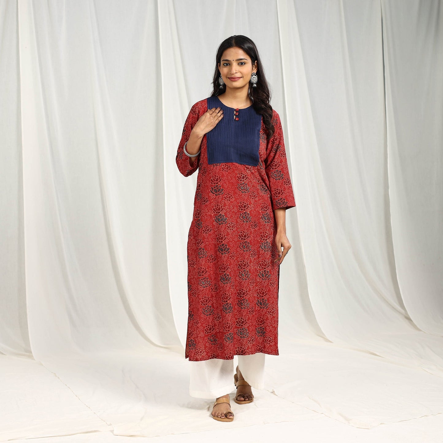 Red Block Printed Cotton Straight Ajrakh Kurta for Women