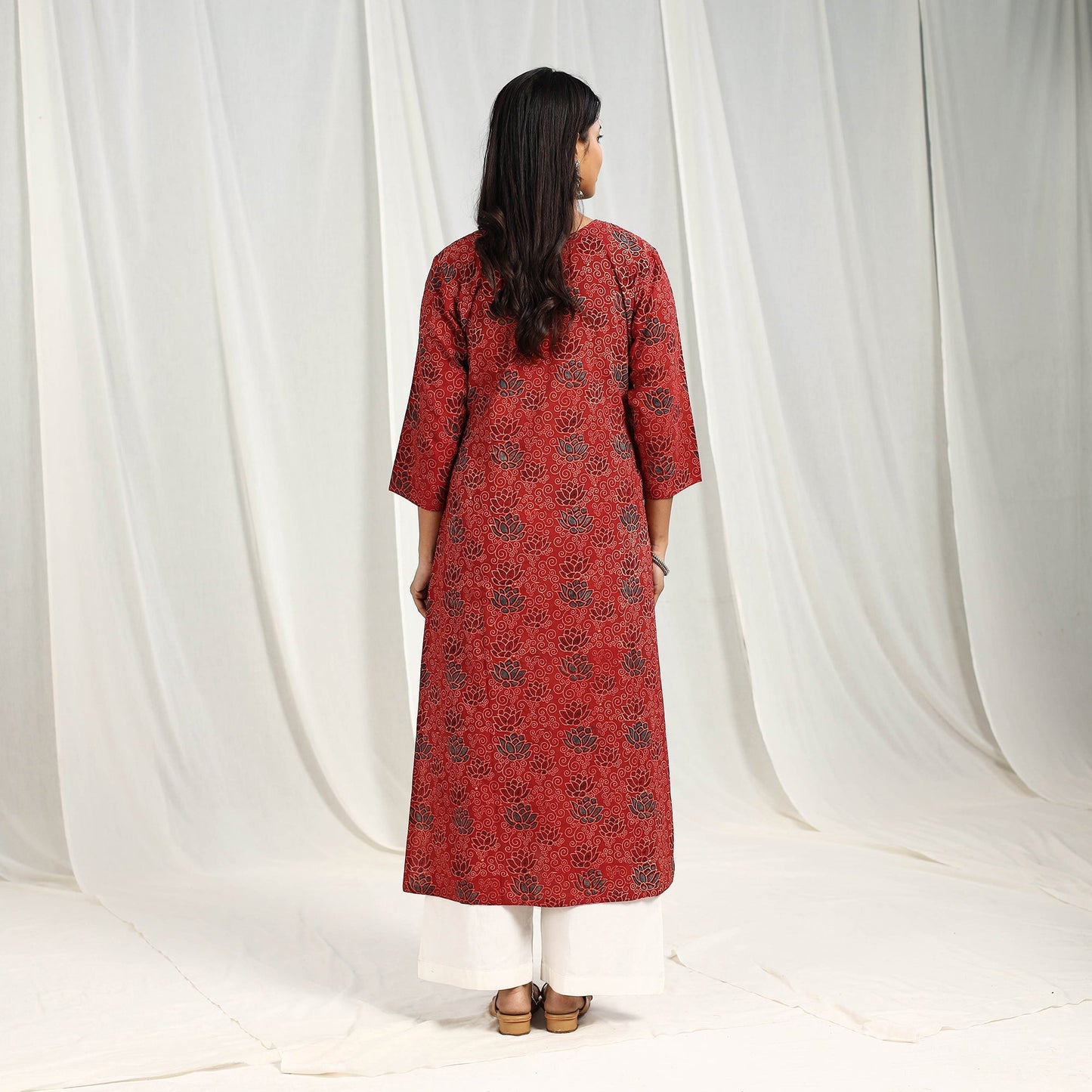 Red Block Printed Cotton Straight Ajrakh Kurta for Women