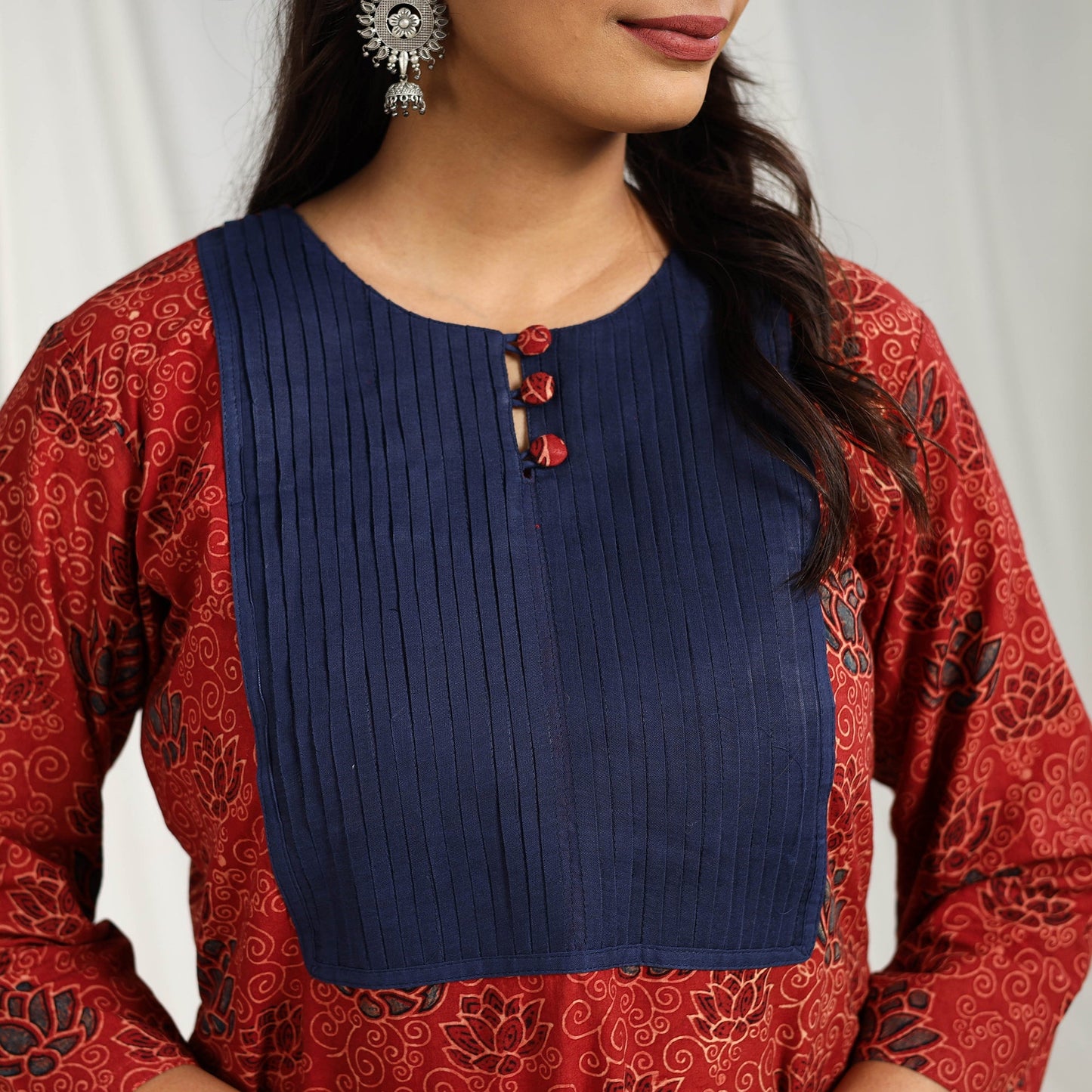 Red Block Printed Cotton Straight Ajrakh Kurta for Women