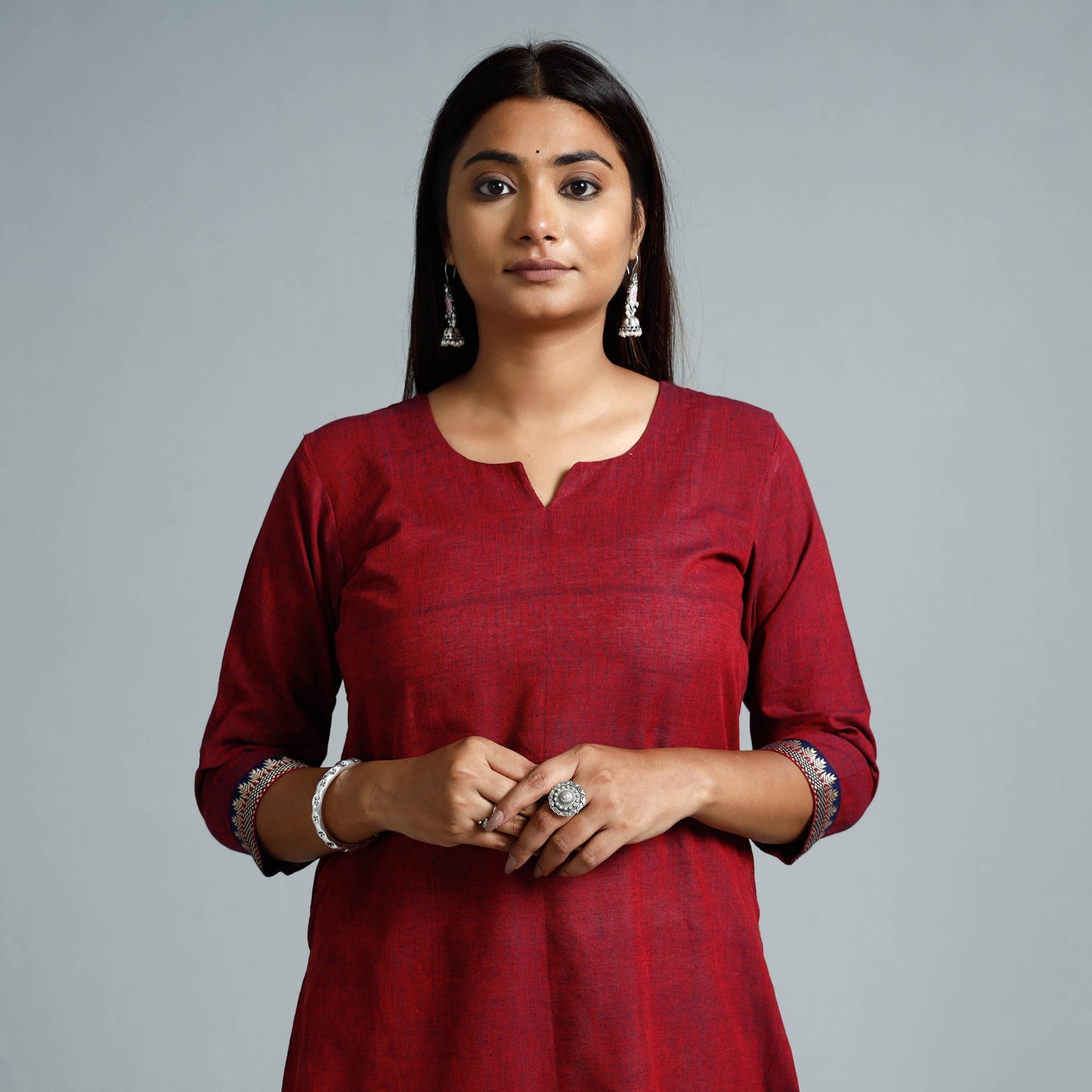 Red & blue dharwad cotton long kurta - handcrafted