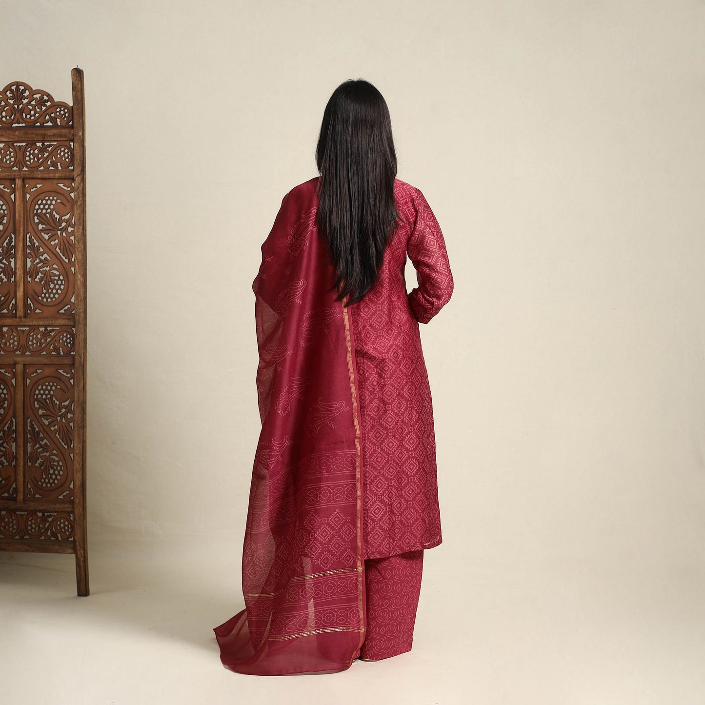 Red Chanderi Silk Bagru Print Kurta Set