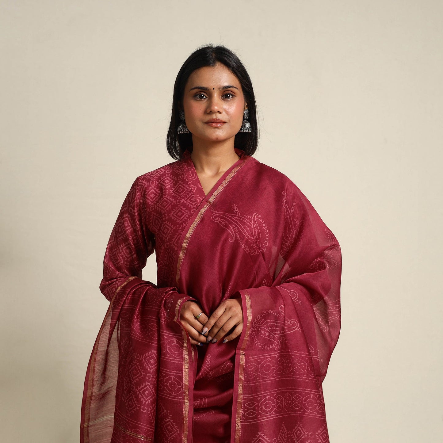 Red Chanderi Silk Bagru Print Kurta Set