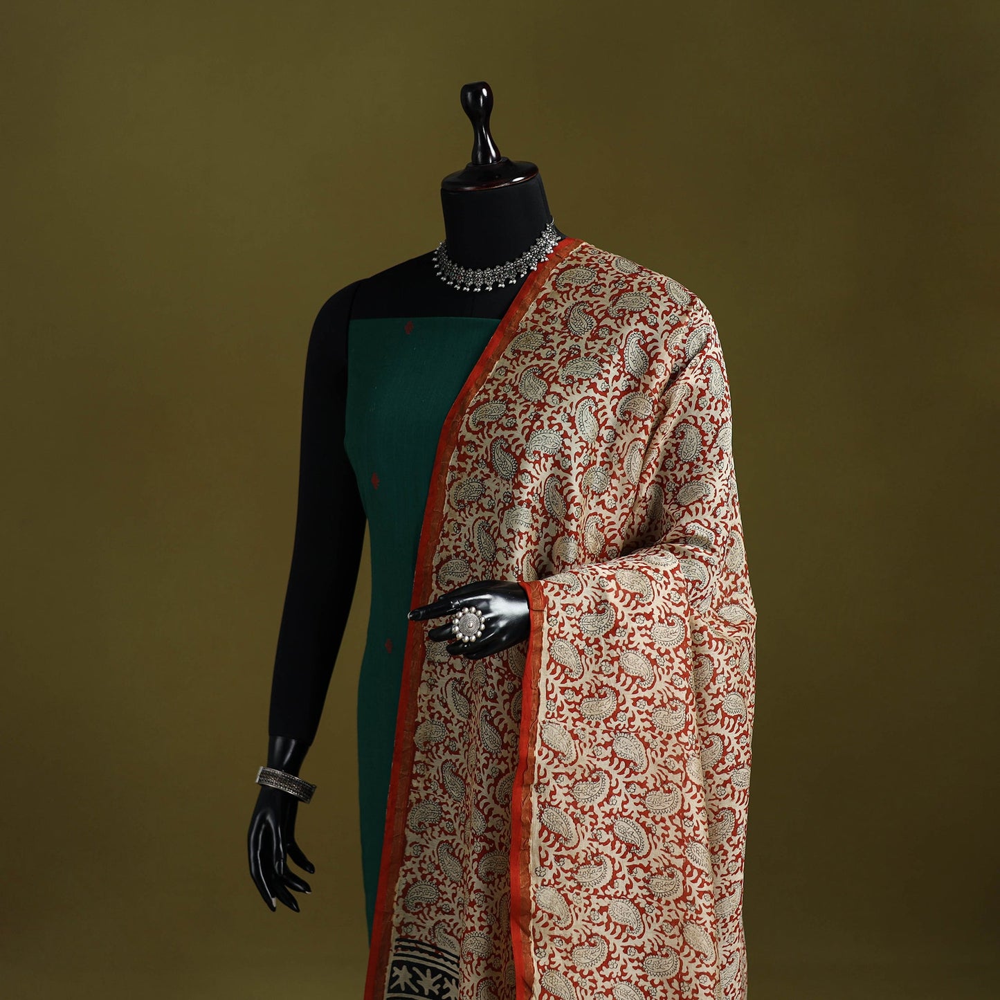 Red - chanderi silk hand bagru dupatta 07 - handcrafted