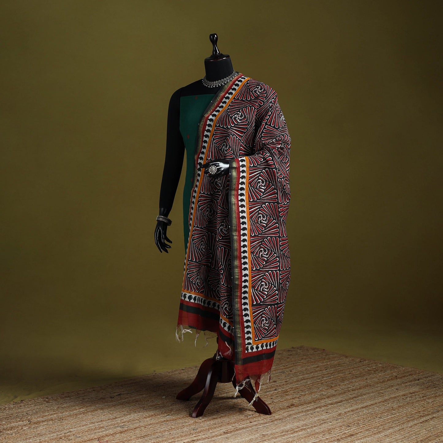 Red - chanderi silk hand bagru dupatta with zari border 26