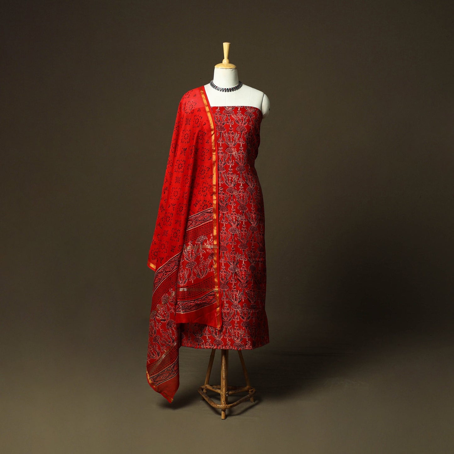 Chanderi silk hand block ajrakh print 3pc unstitched dress