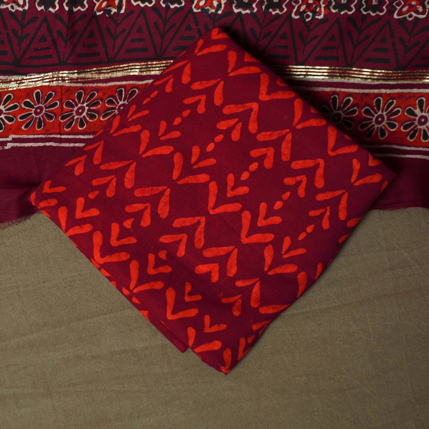 Chanderi silk hand block ajrakh print 3pc unstitched dress