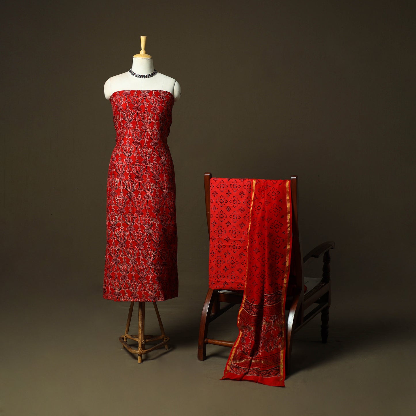 Chanderi silk hand block ajrakh print 3pc unstitched dress