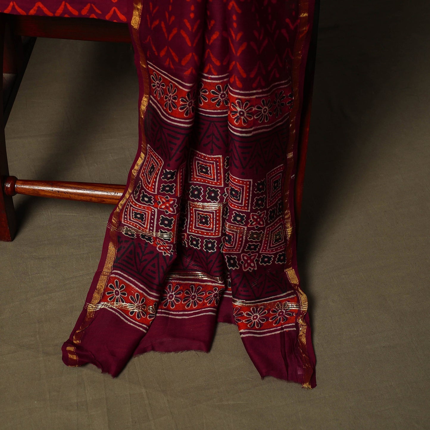 Chanderi silk hand block ajrakh print 3pc unstitched dress