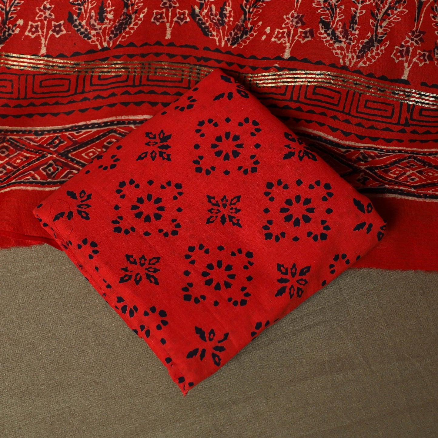 Chanderi silk hand block ajrakh print 3pc unstitched dress