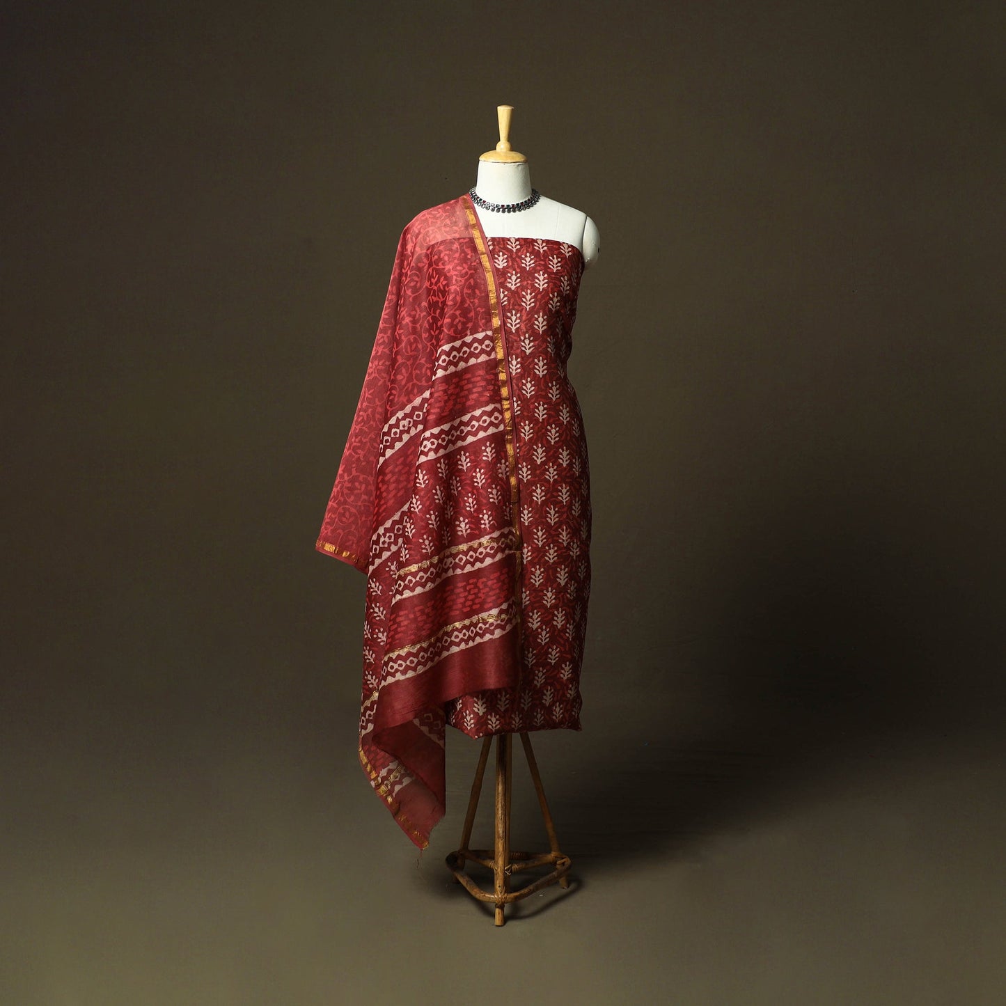 Chanderi silk hand block bagru print 3pc unstitched dress