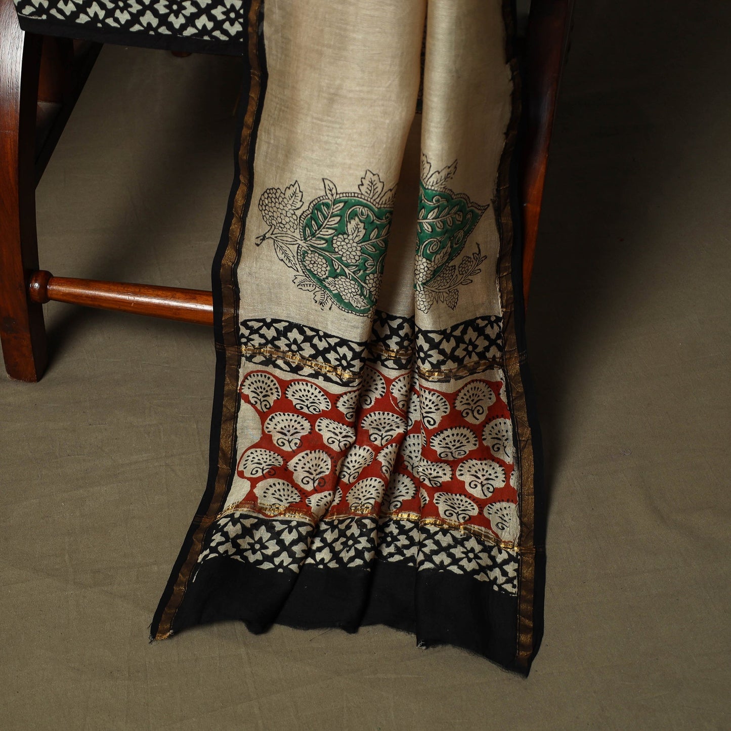 Chanderi silk hand block bagru print 3pc unstitched dress