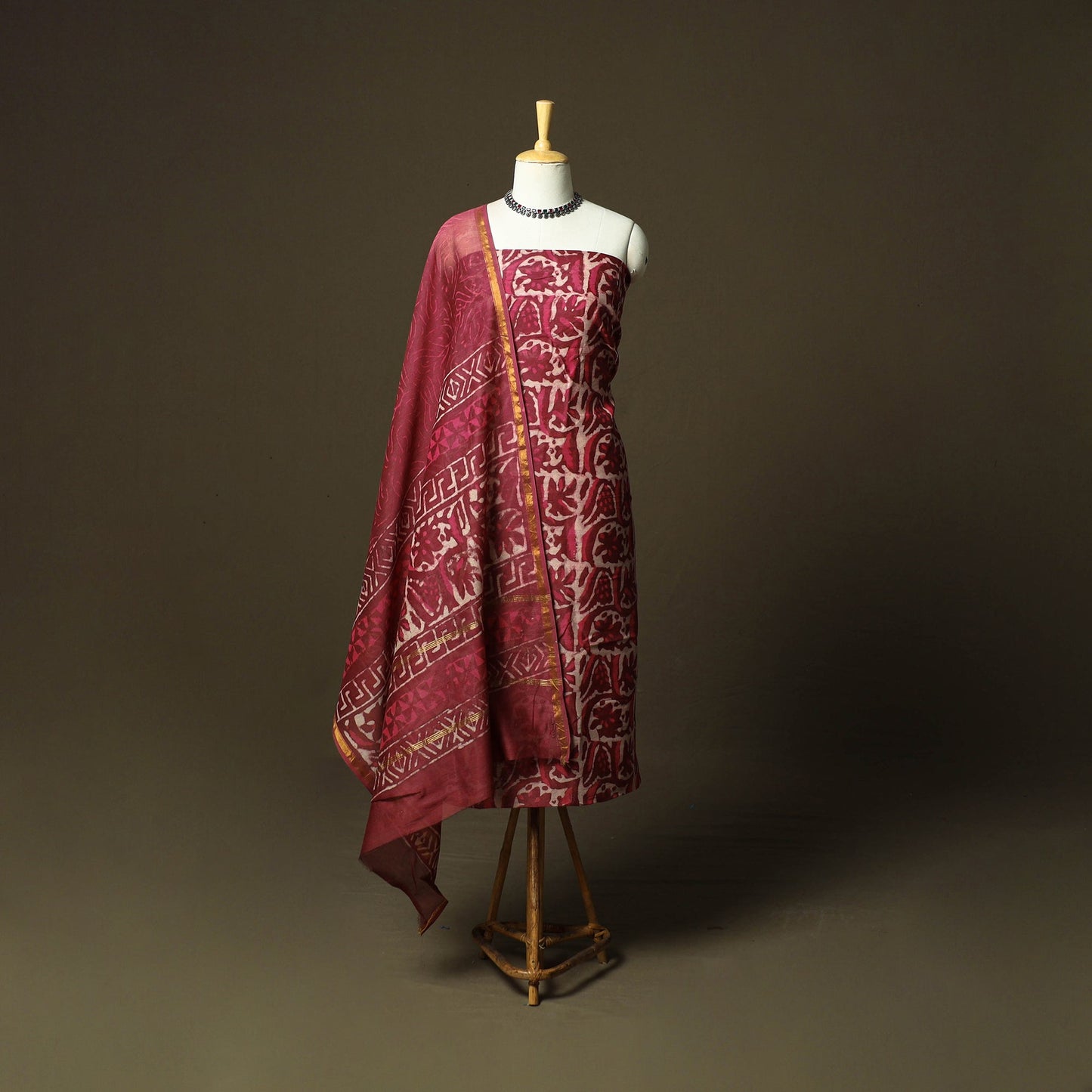 Chanderi silk hand block bagru print 3pc unstitched dress