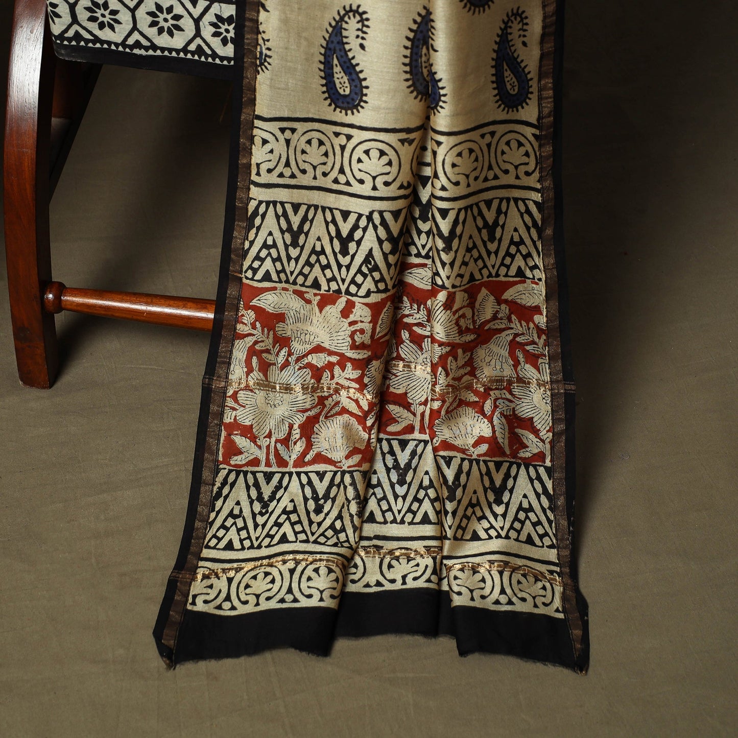 Chanderi silk hand block bagru print 3pc unstitched dress