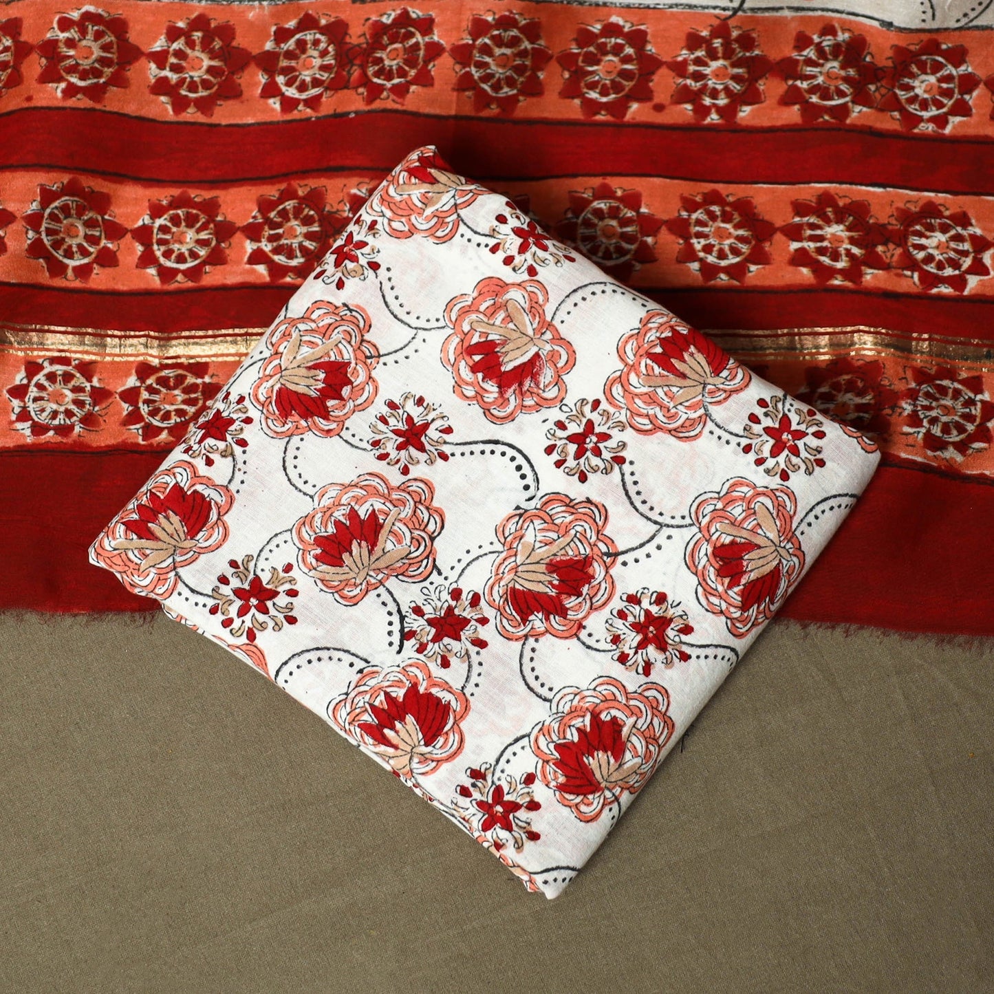 Chanderi silk hand block sanganeri print 3pc unstitched