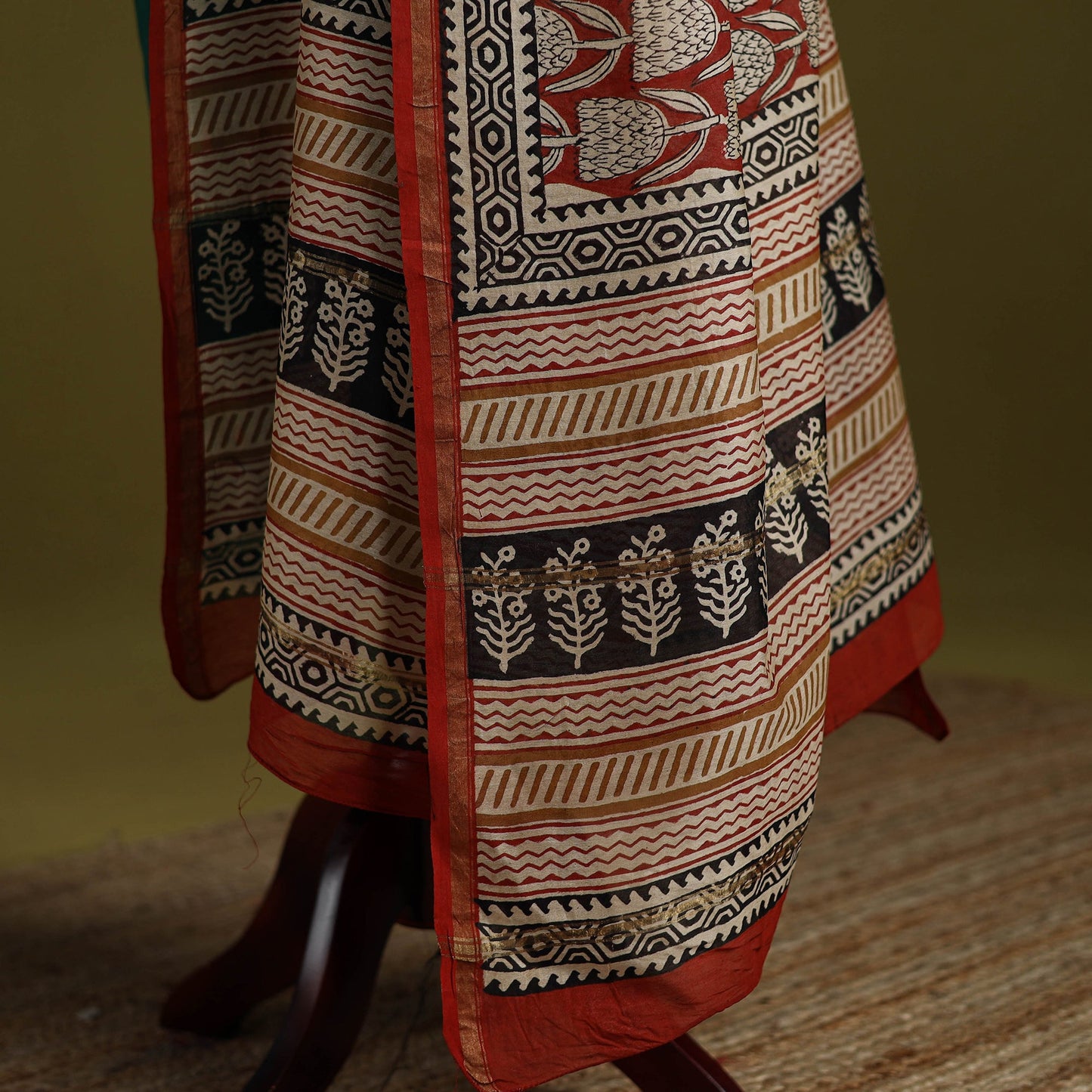 Red - chanderi silk hand natural dyed bagru dupatta 09