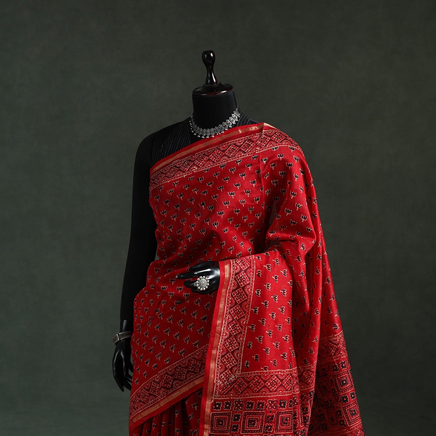 Chanderi silk natural dyed hand block print ajrakh saree 84