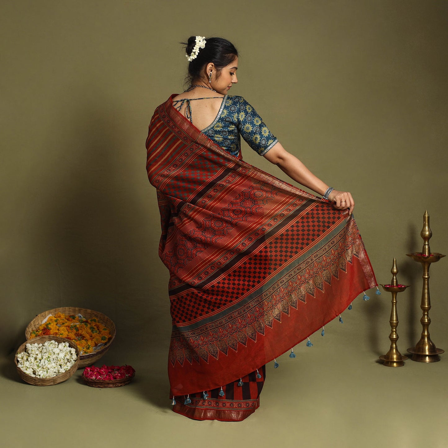 Red Chanderi Silk Block Print Ajrakh Saree