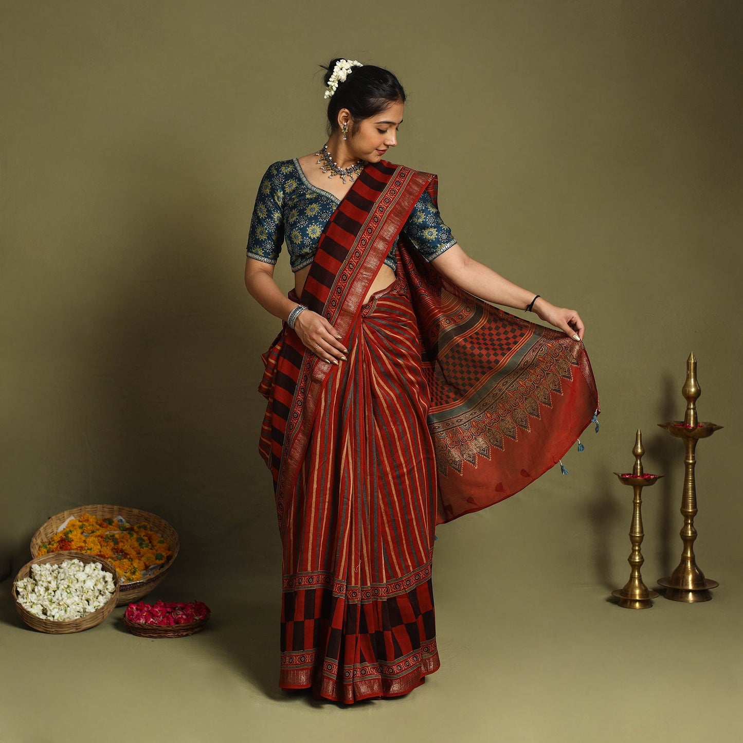 Red Chanderi Silk Block Print Ajrakh Saree