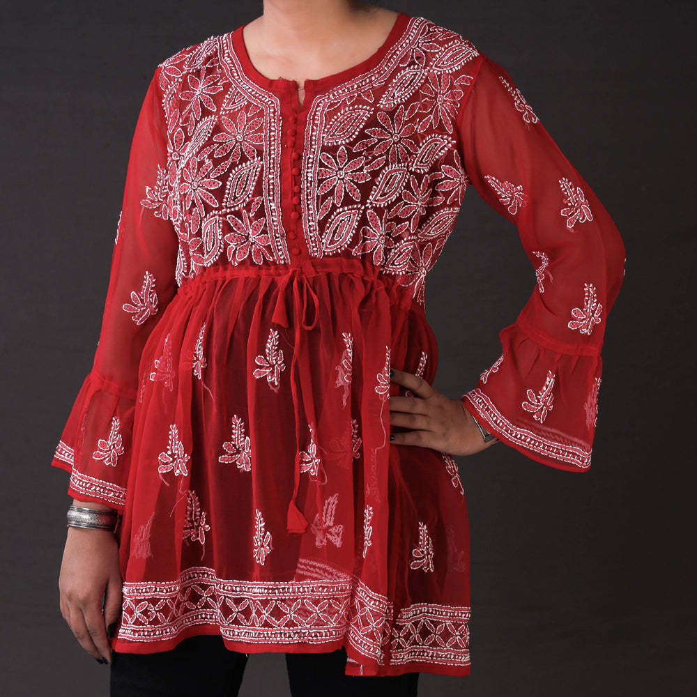 Buy Chikankari Hand Embroidered Short Flared Kurta / Top