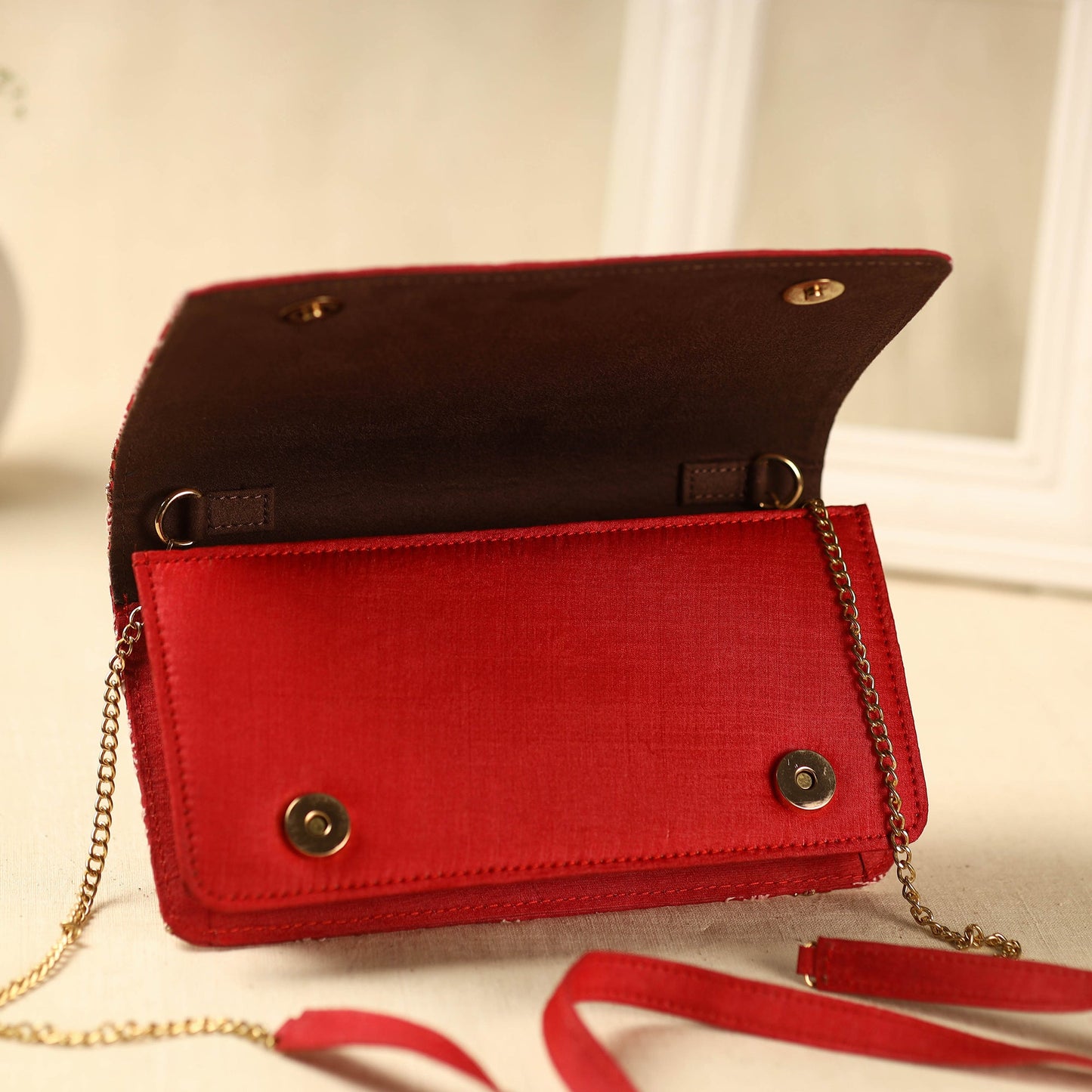 Red Chikankari Hand Embroidery Tussar Silk Clutch/Sling Bag