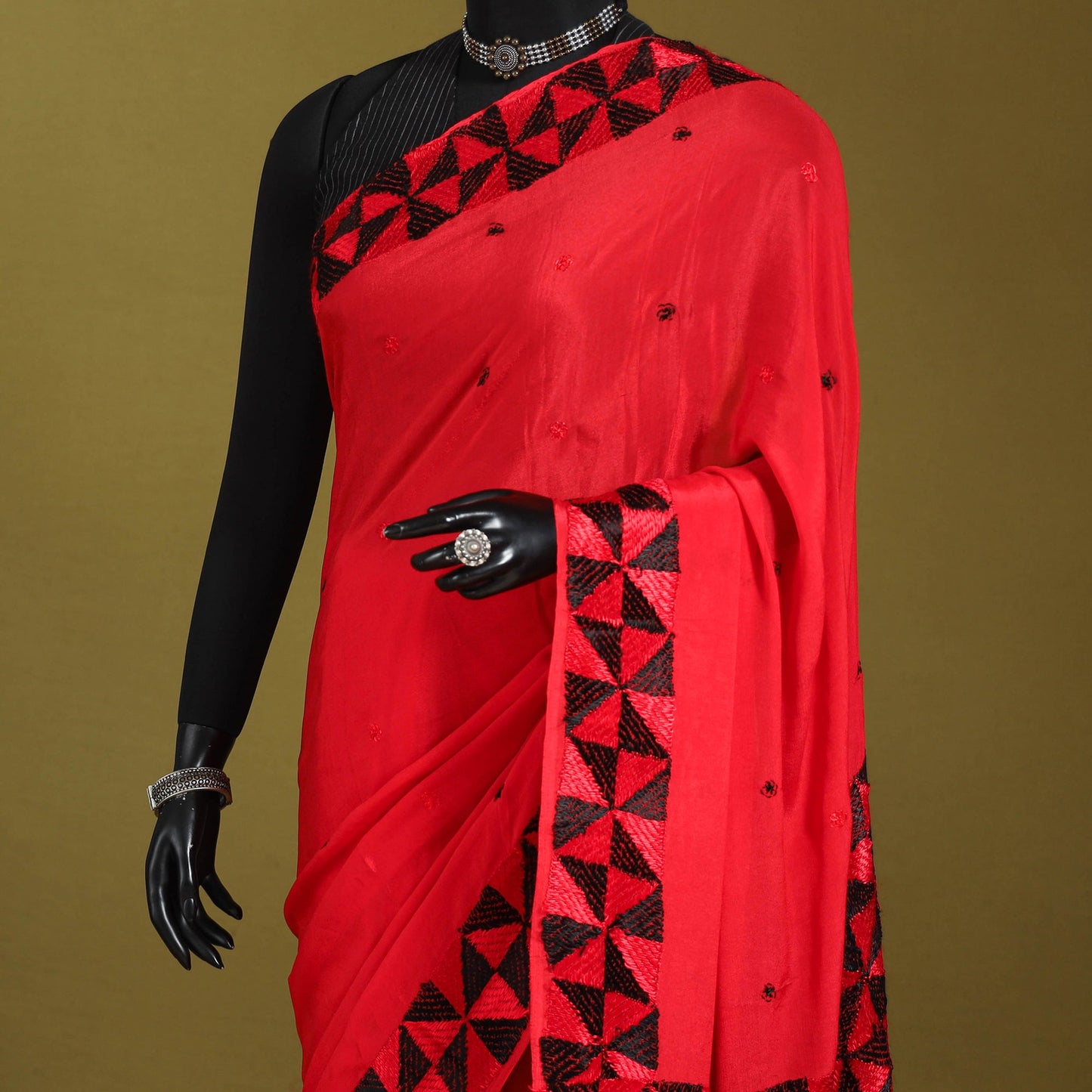 Red - chinon silk hand embroidery phulkari saree 15