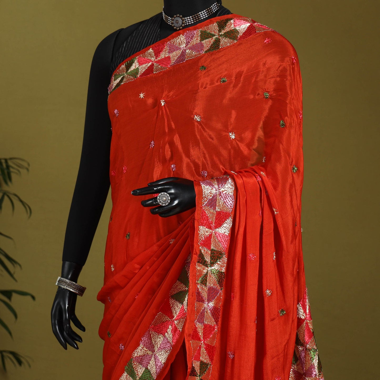 Red - chinon silk hand embroidery phulkari saree 19