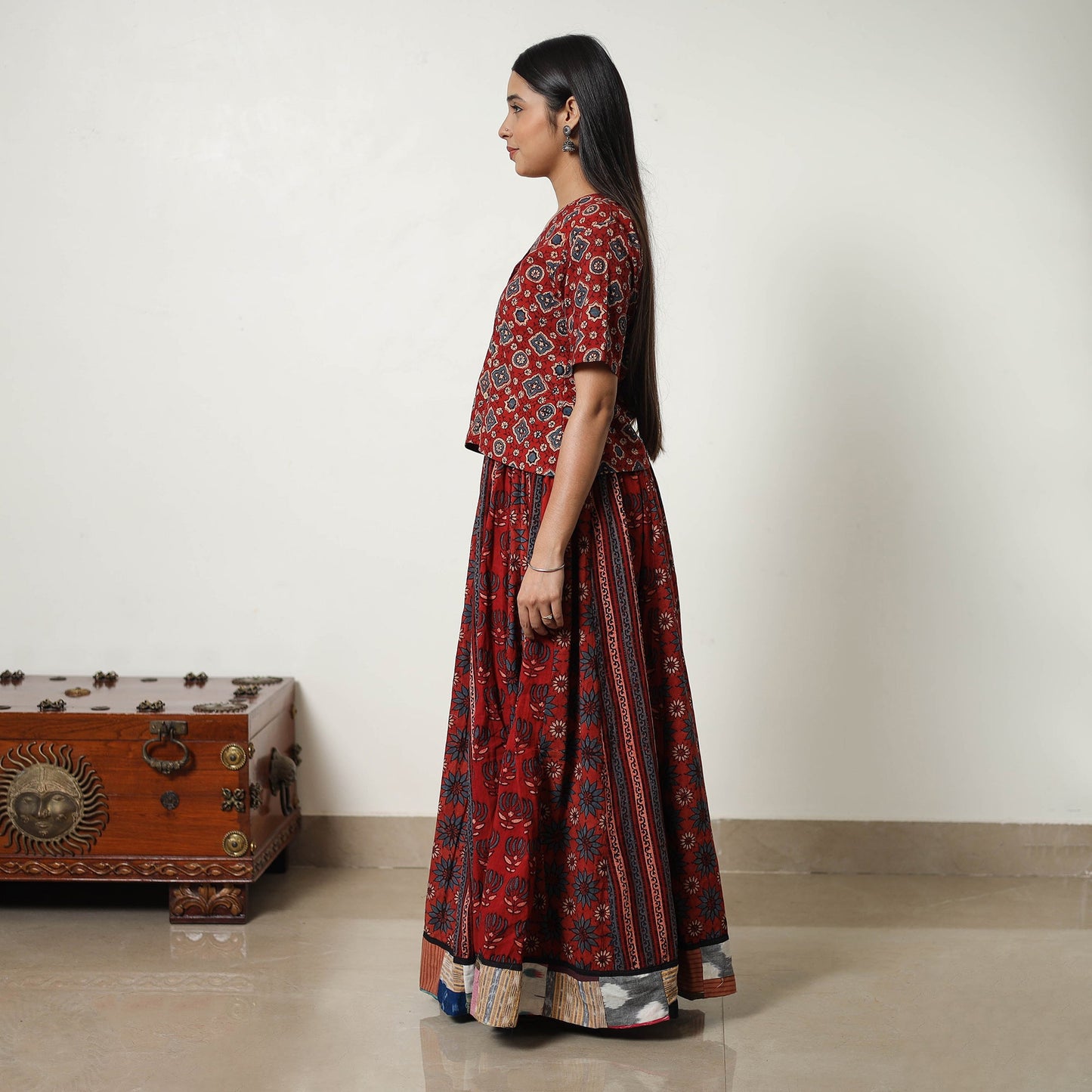 Shop Red Hand Block Print Patchwork Ajrakh Skirt
